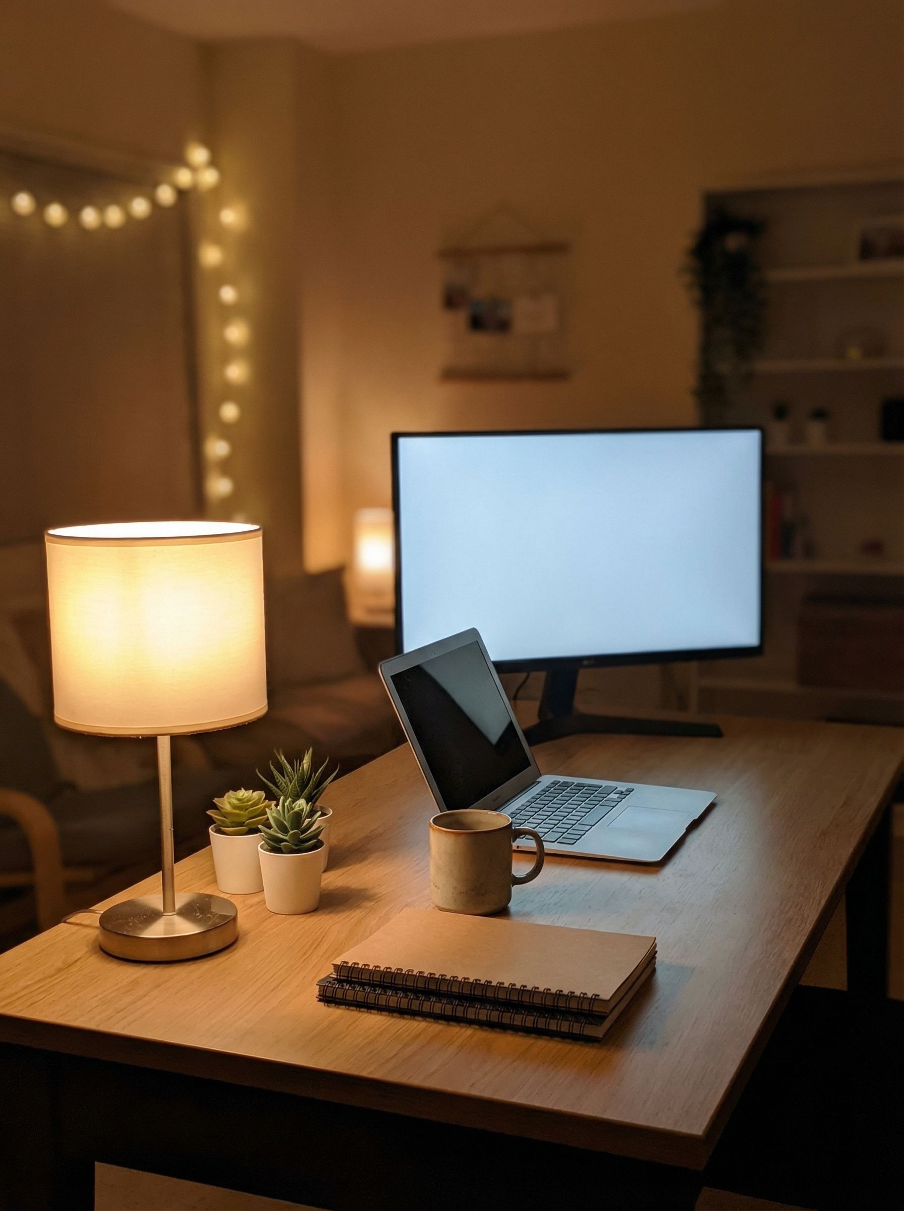 Cozy home office desk with laptop and lamp