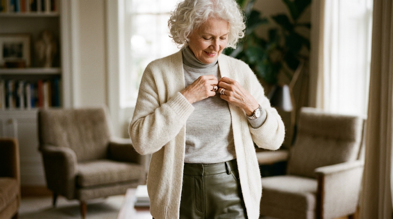 Elderly woman styling soft knitwear with leather pants