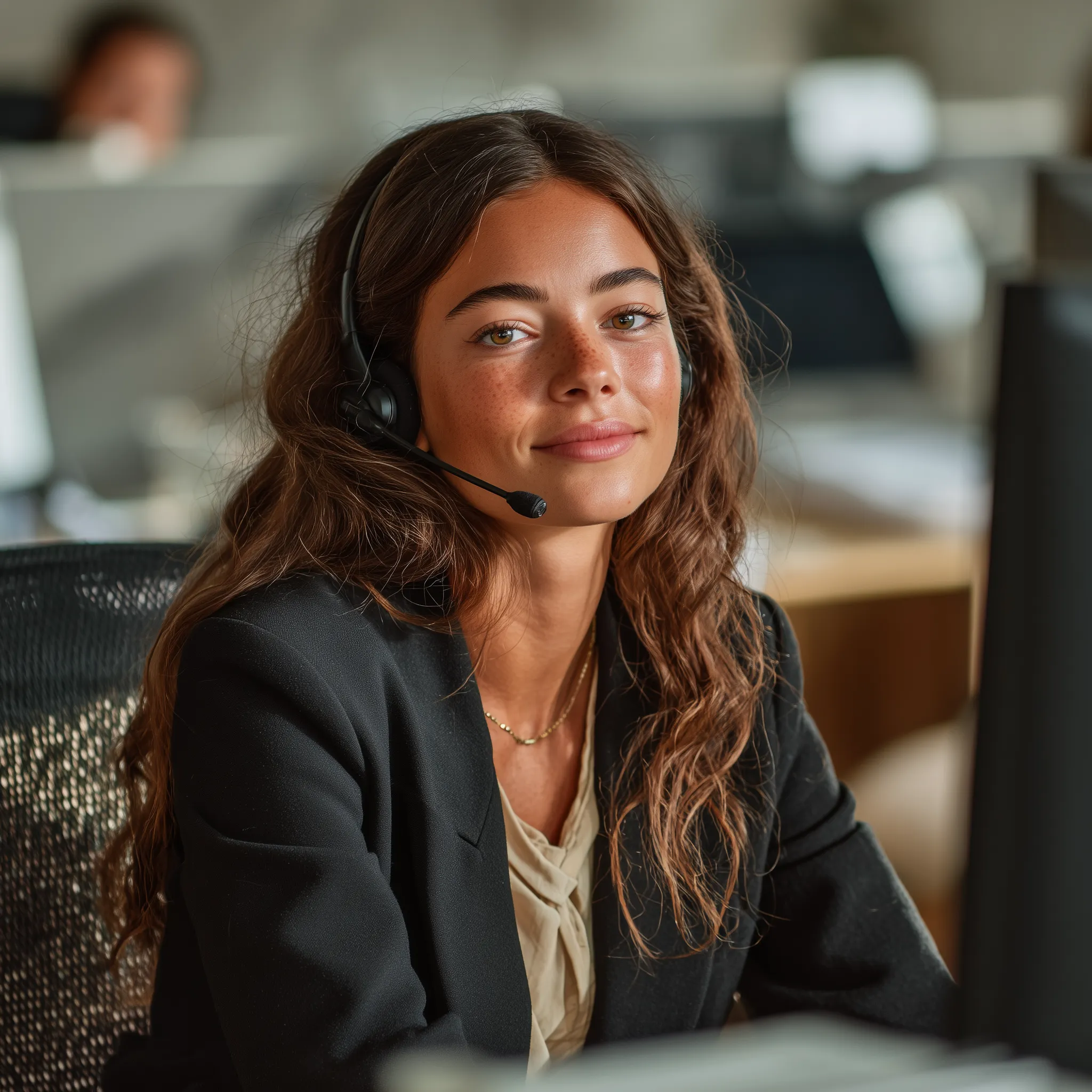 Smiling customer support agent at desk