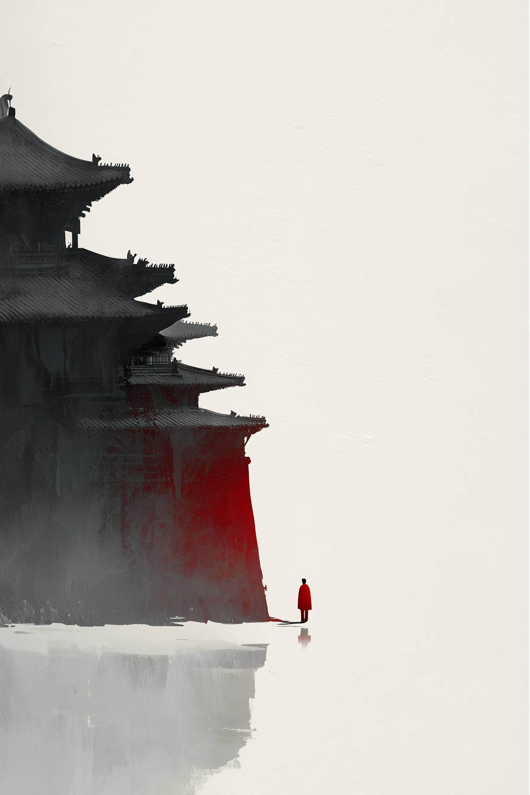 Minimalist pagoda with solitary figure in red
