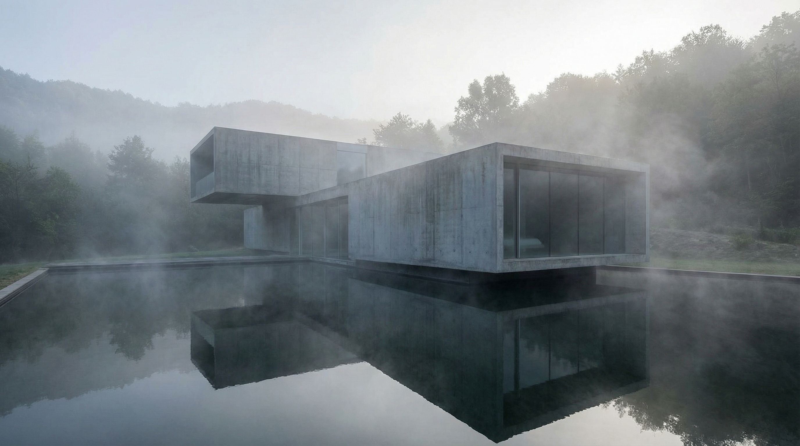 Brutalist house over misty reflective water
