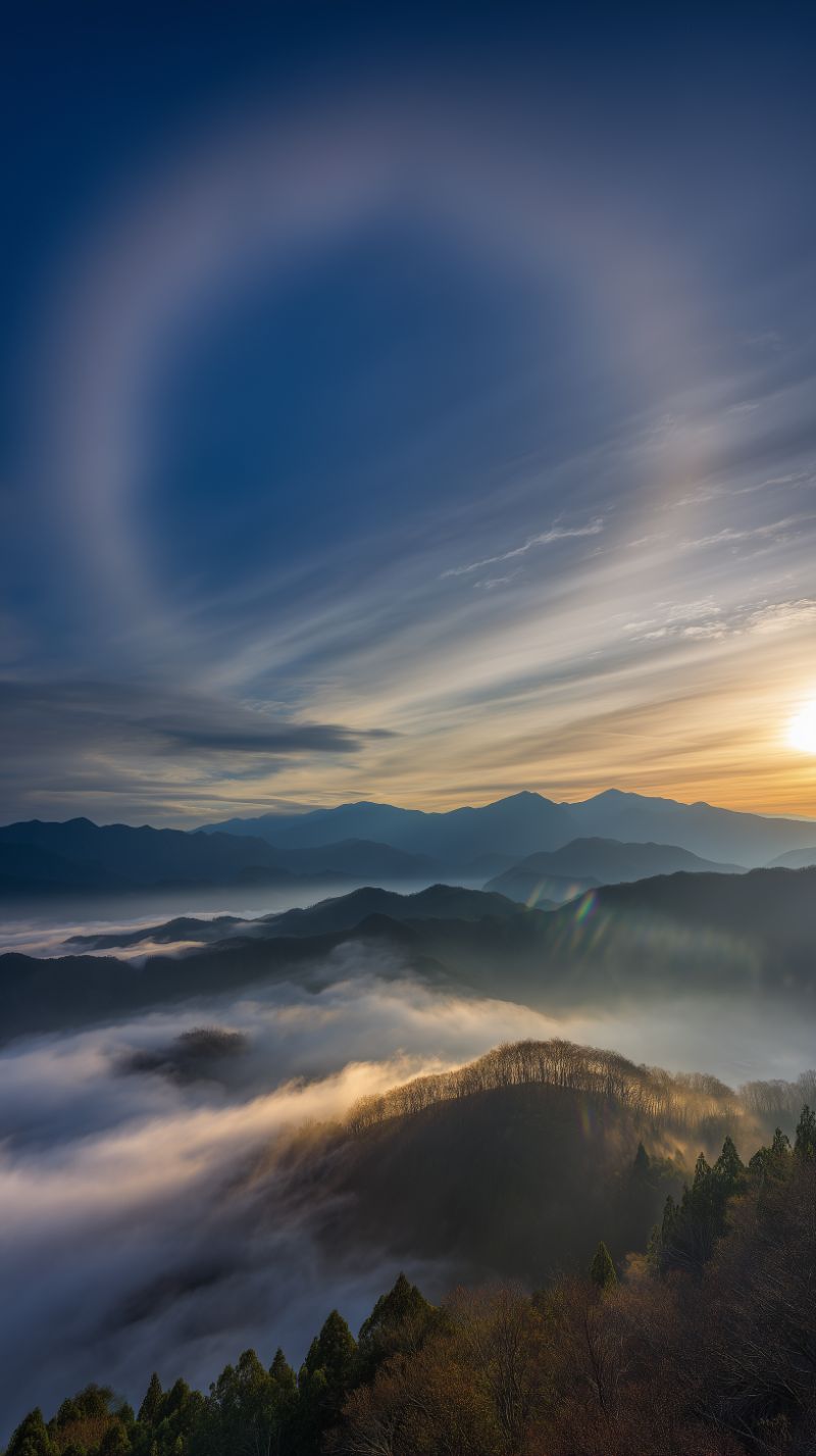 Sunrise Halo over Misty Mountain Valley