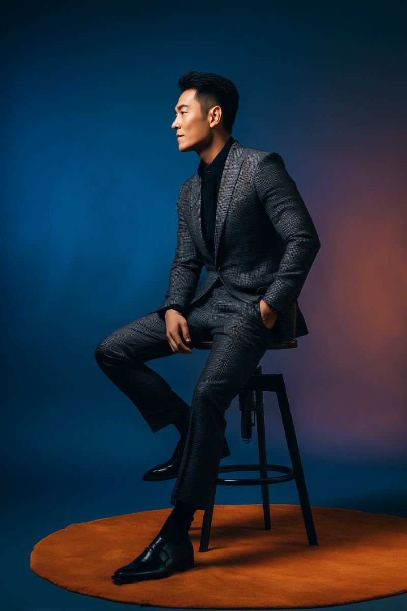 Stylish man in gray suit seated on stool