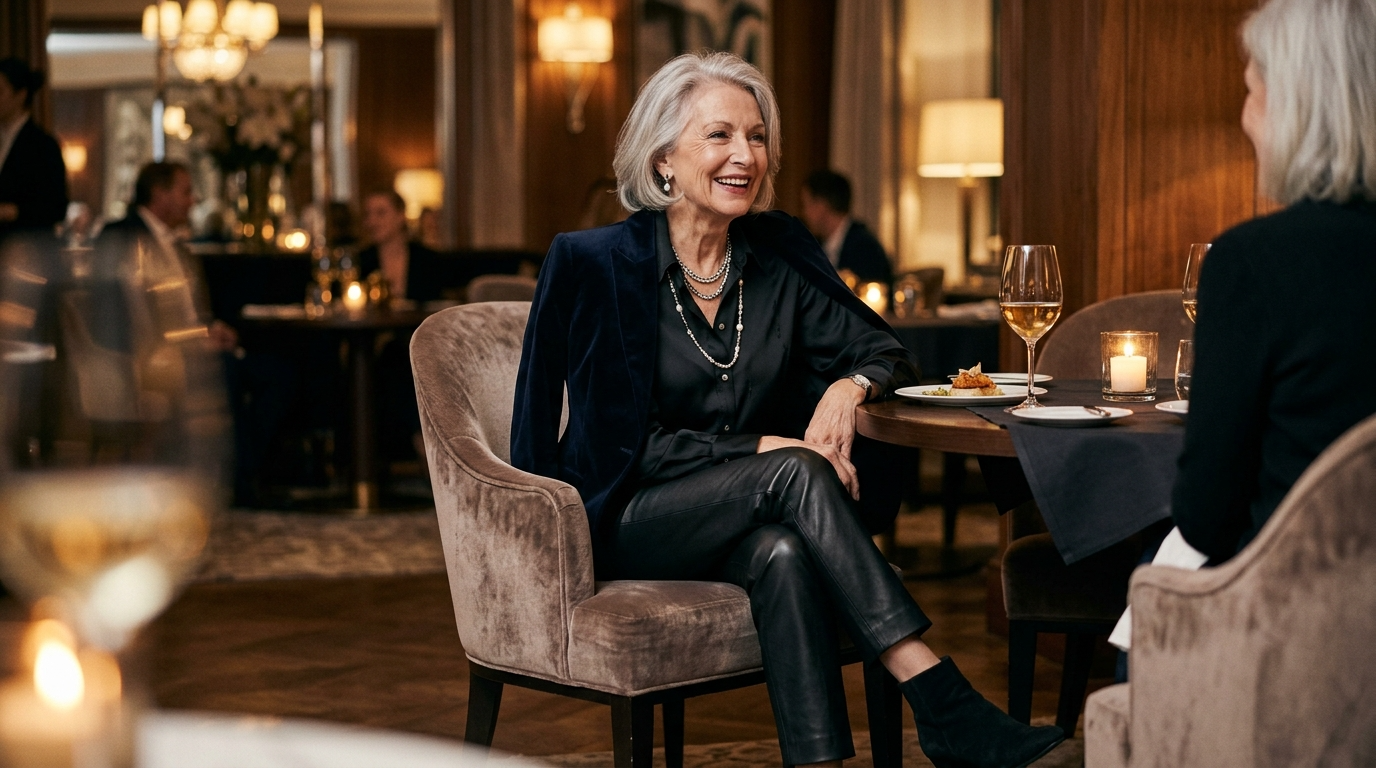 Elderly lady in leather pants styled for an elegant evening