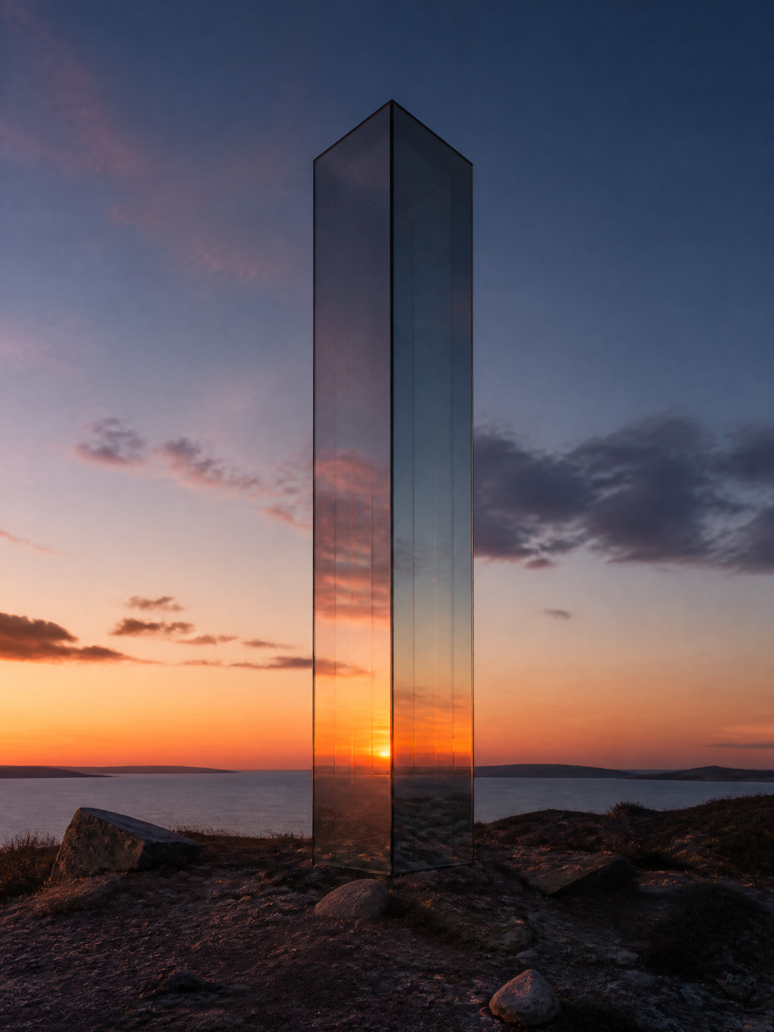 Glass Monolith at Sunset Coastal Landscape