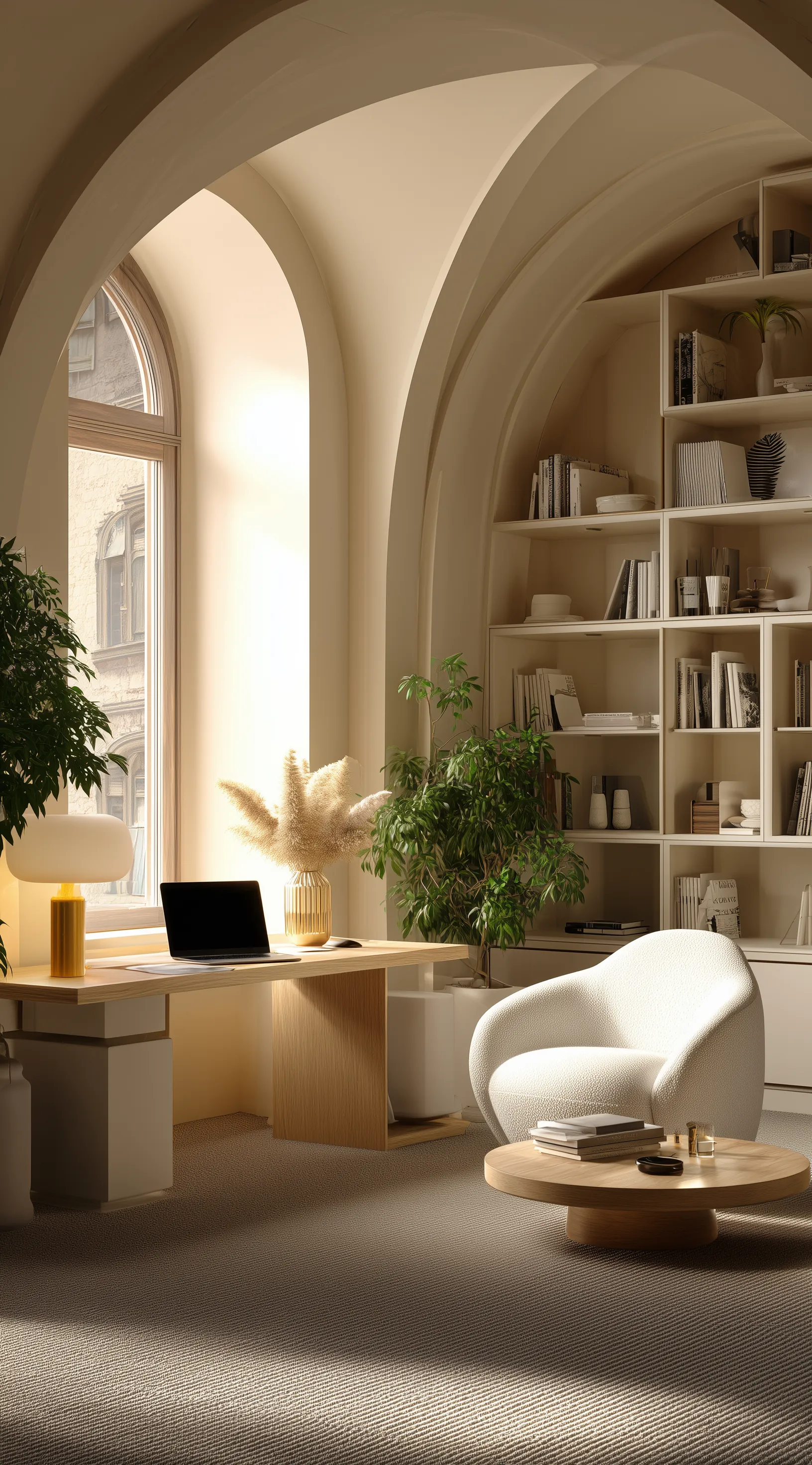 Sunlit modern home office with arched window