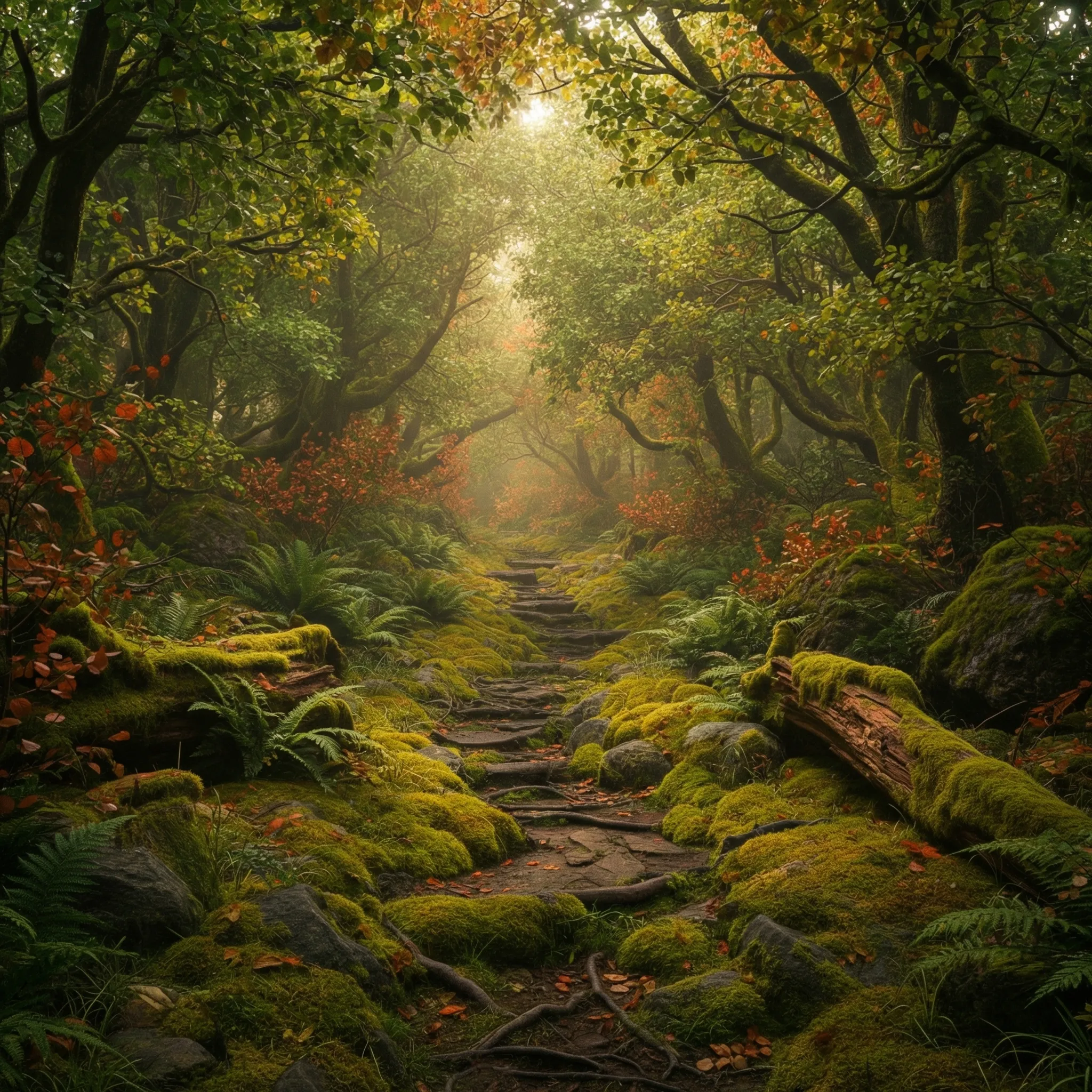 Misty forest path through mossy woodland