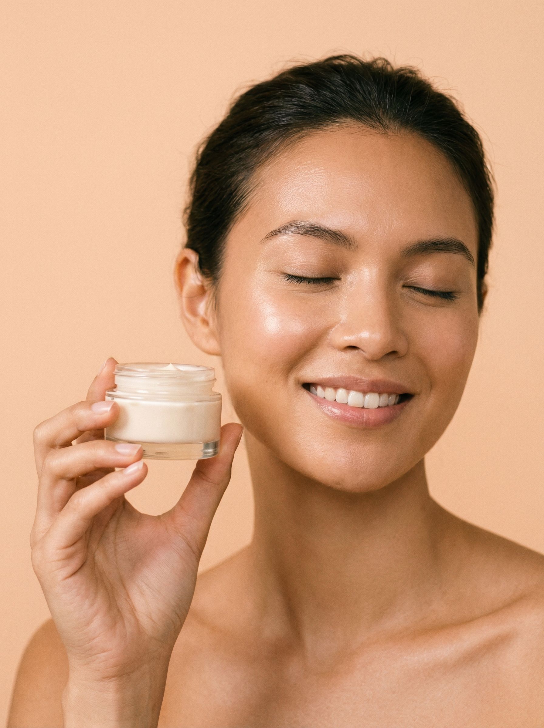 Smiling woman holding facial cream jar