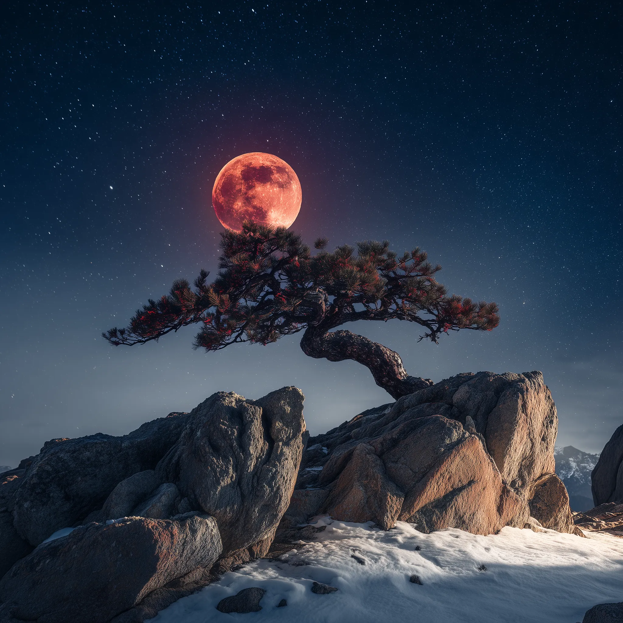 Moonlit Pine on Rocky Peak