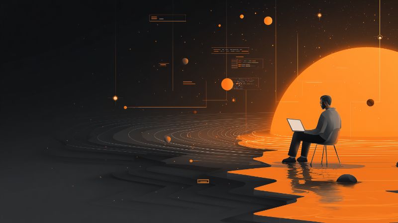 Futuristic coder by glowing digital sunset
