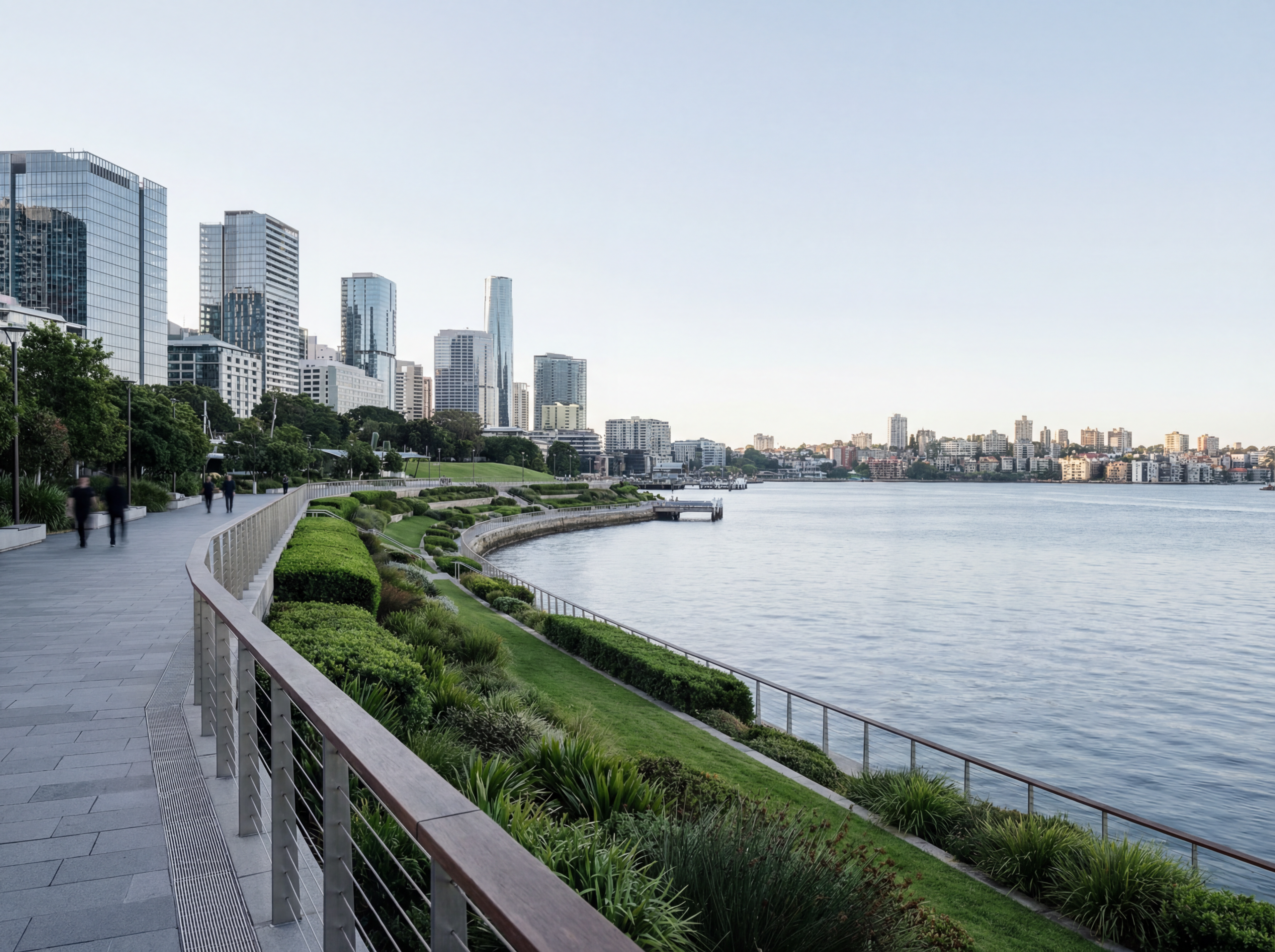 Waterfront city skyline and riverside promenade