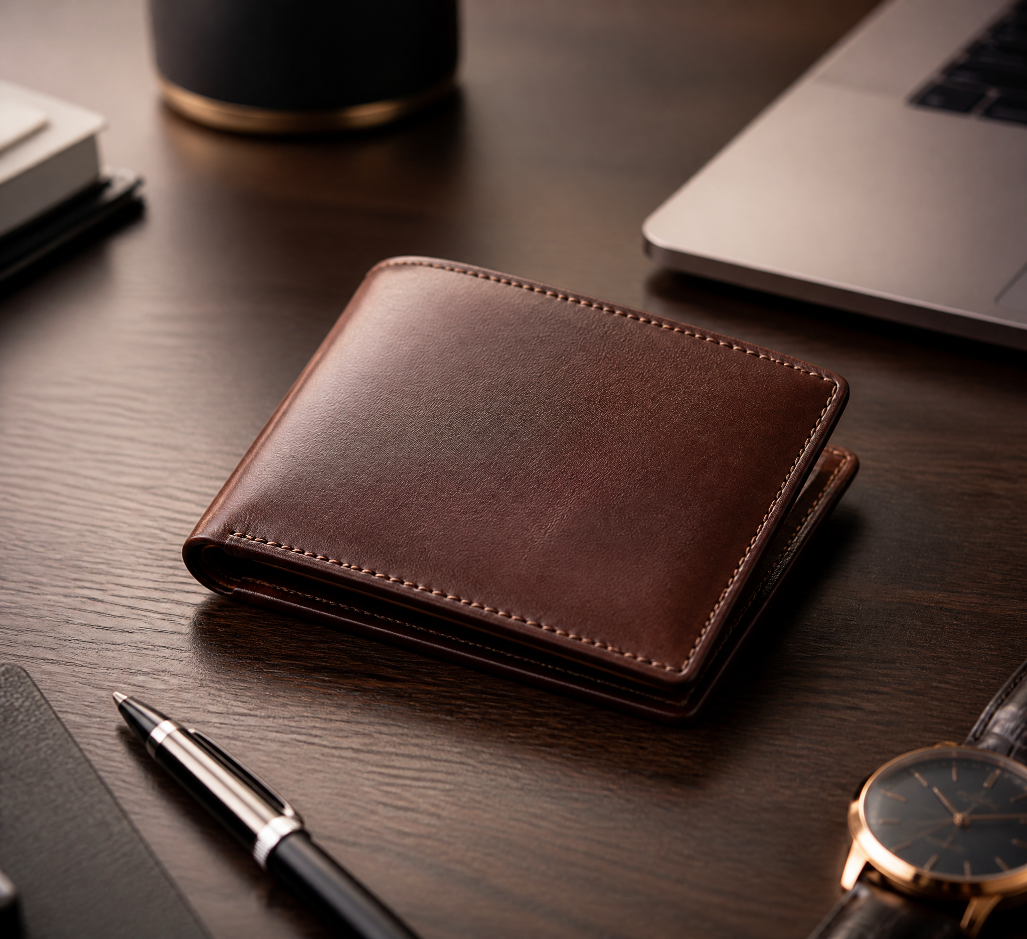 Luxury brown leather wallet on a professional desk