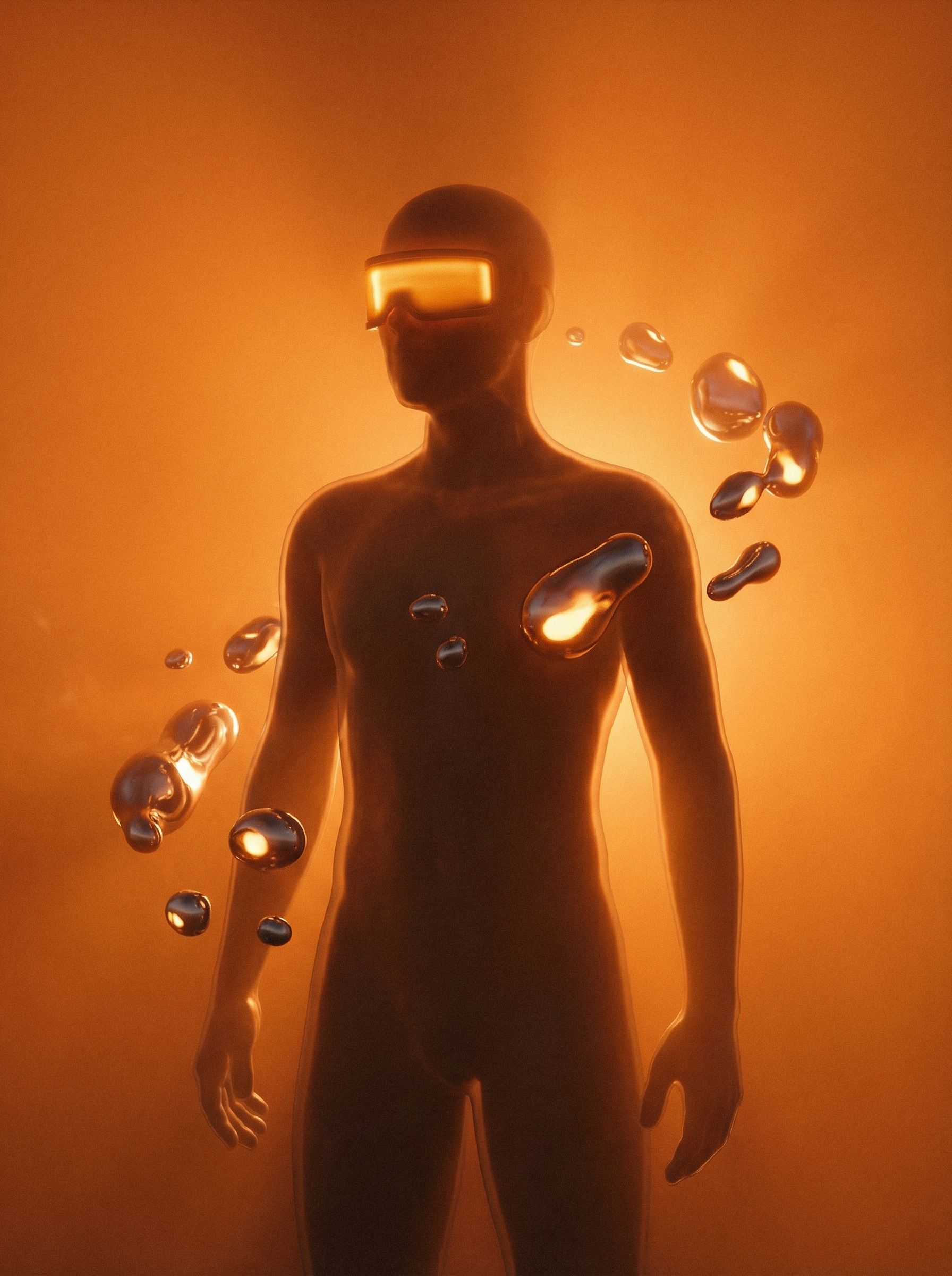 Futuristic Figure With VR Visor and Liquid Orbs
