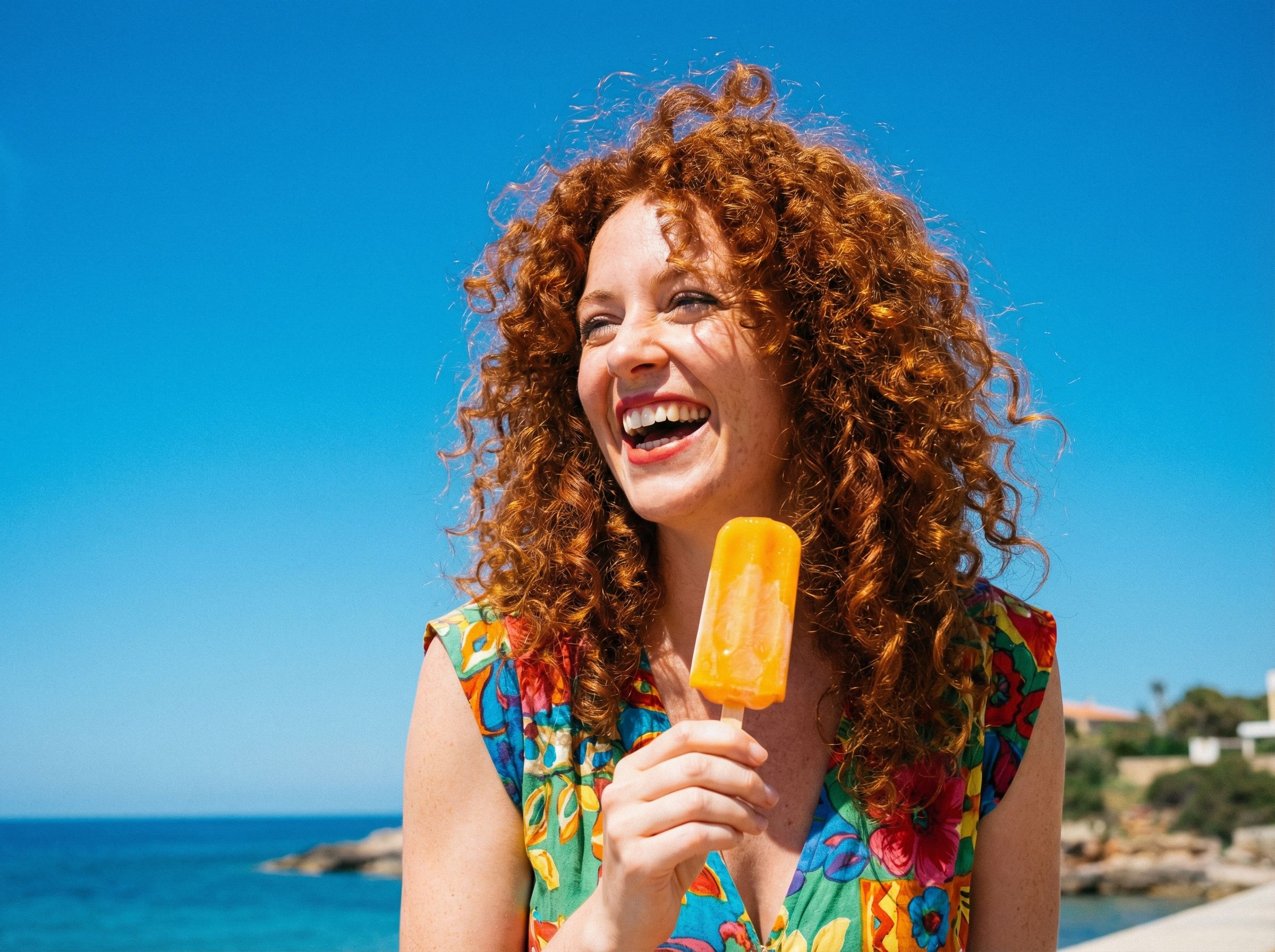 Smiling woman with popsicle by the sea