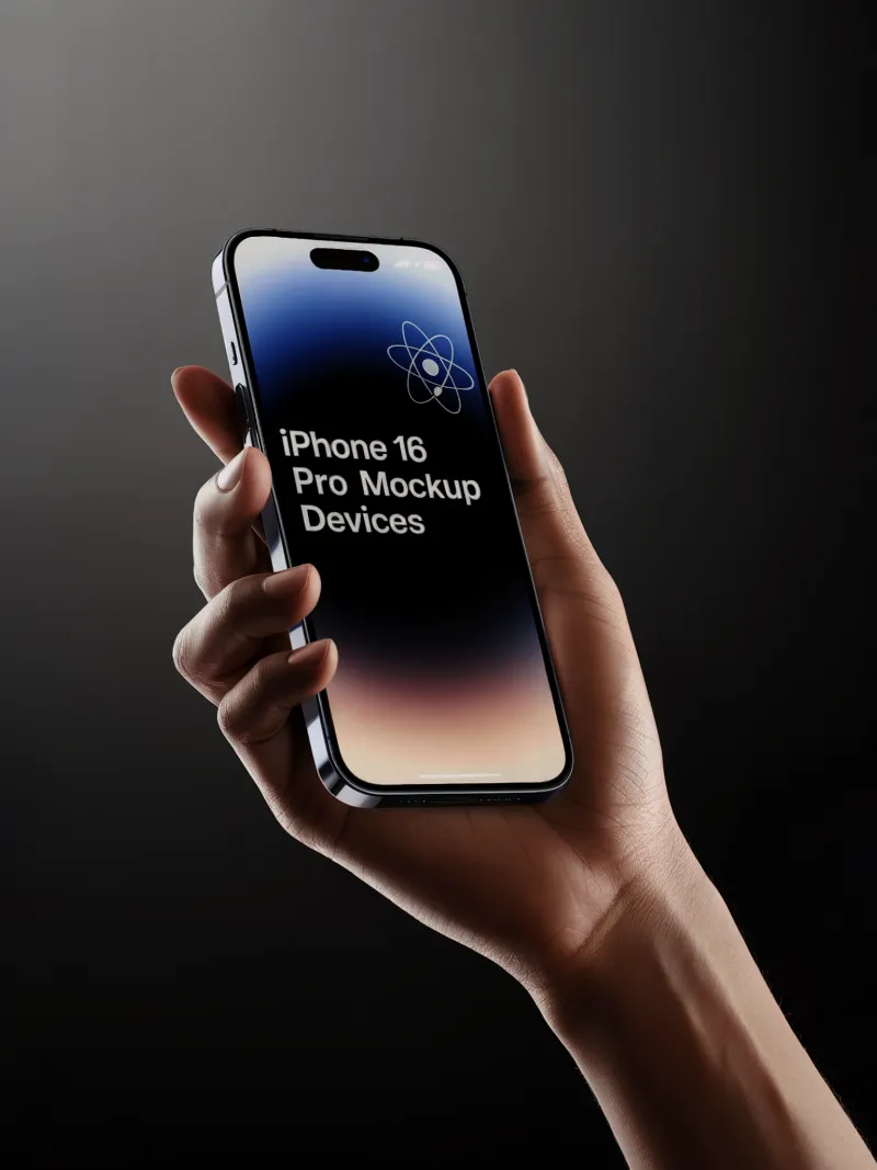 Hand Holding iPhone 16 Pro Mockup on Dark Gradient