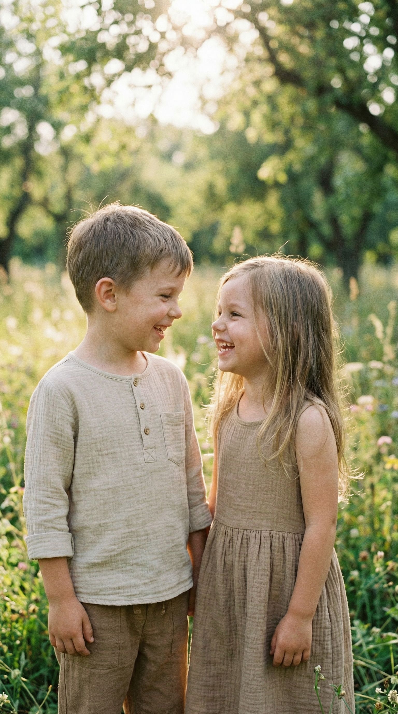 Smiling children in sunlit meadow