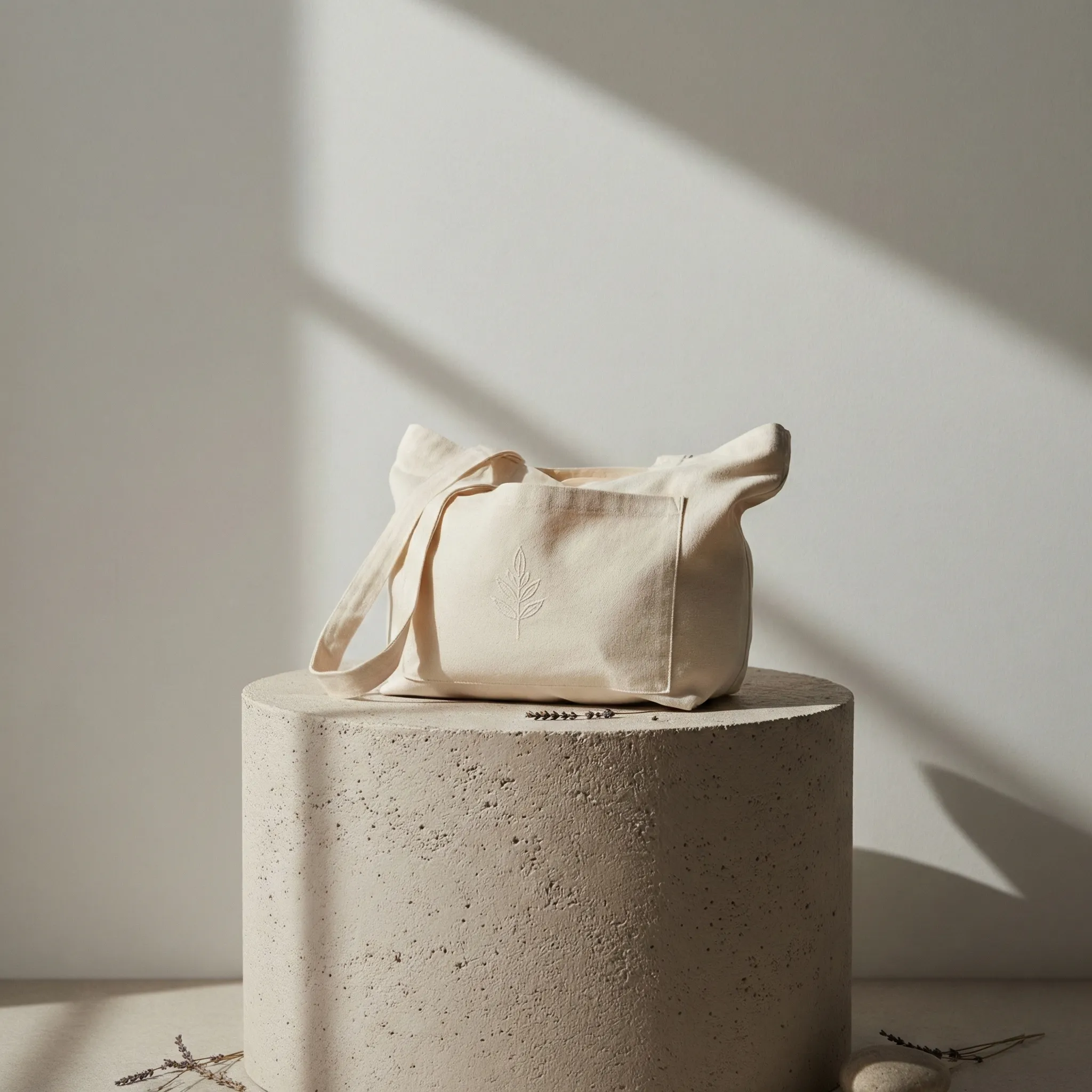 Minimalist beige canvas tote on pedestal