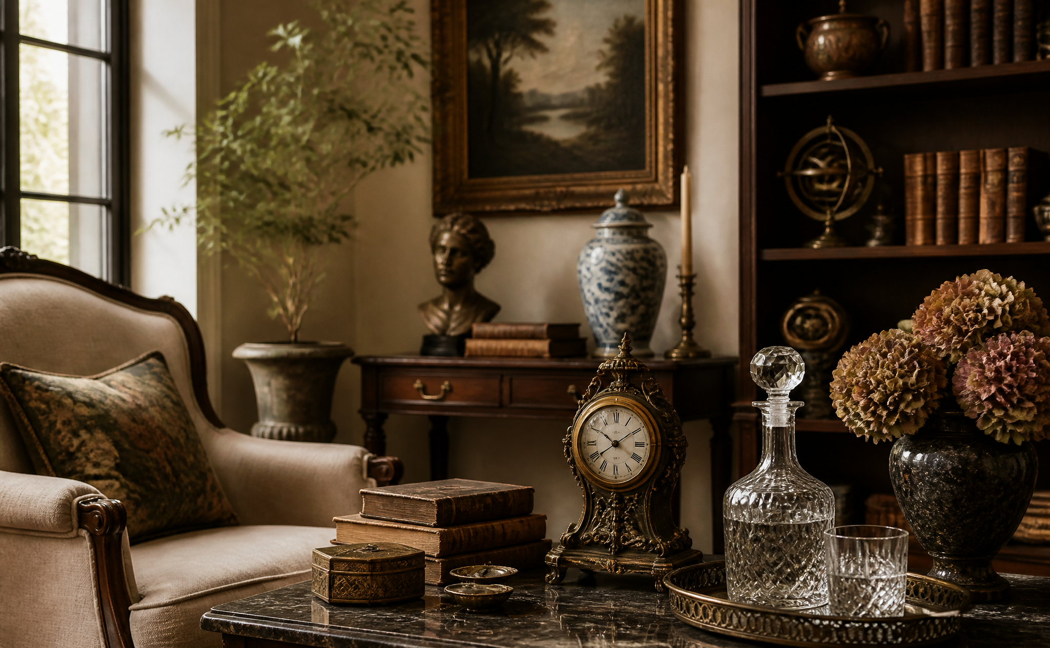 Luxury antique home interior with curated decorative objects