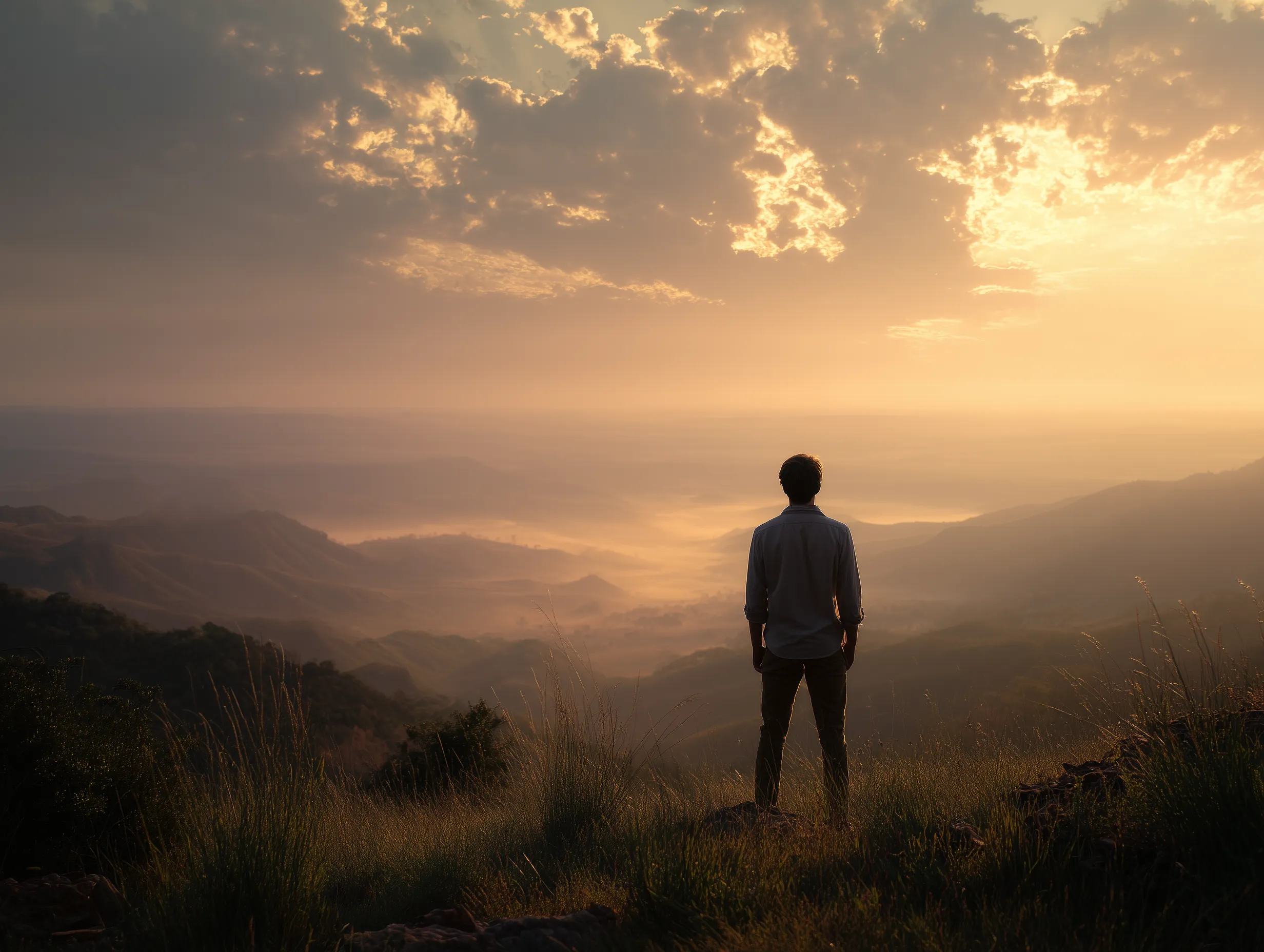 Man Standing at Sunset Overlooking Mountain Valley