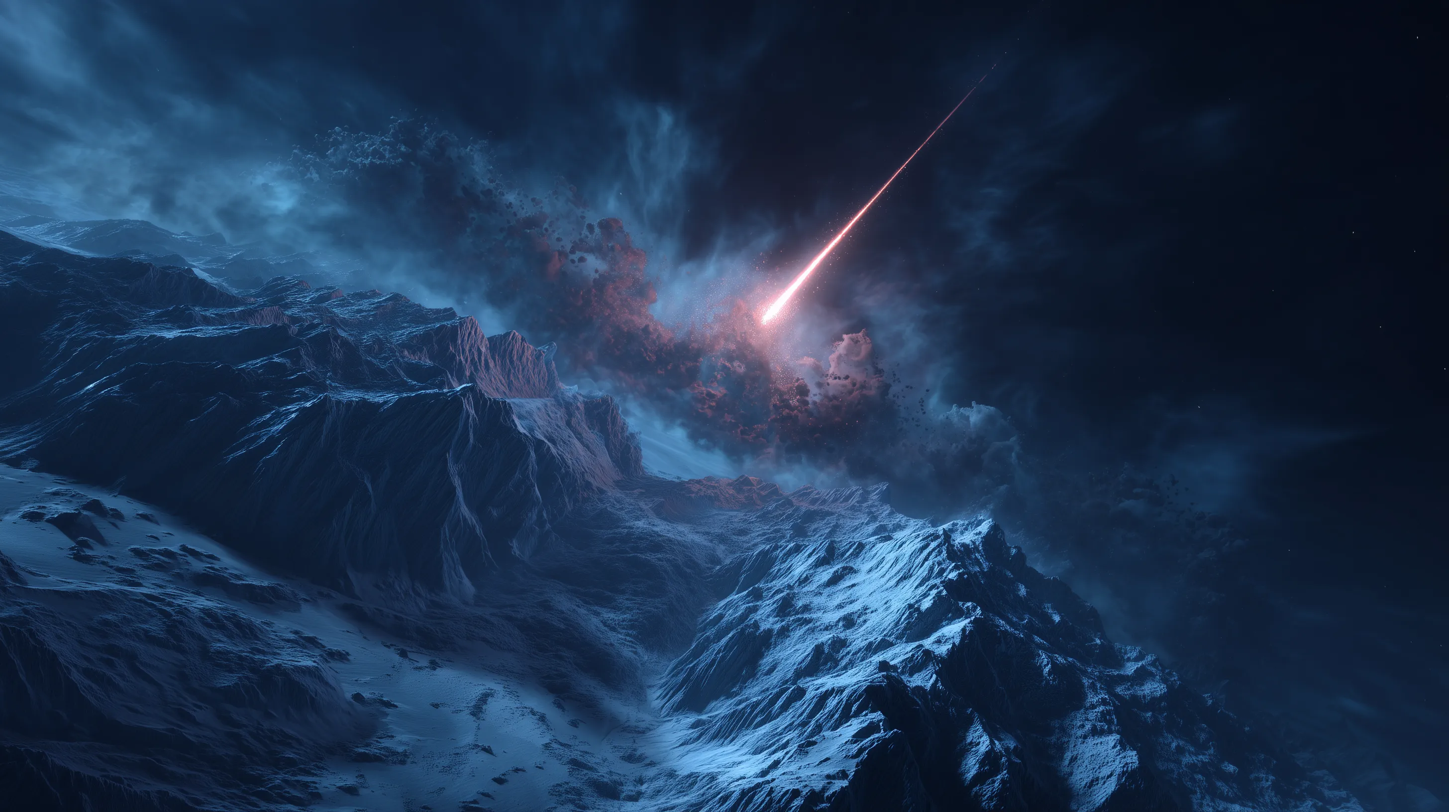 Meteor Streaking Over Frozen Alien Mountain Range