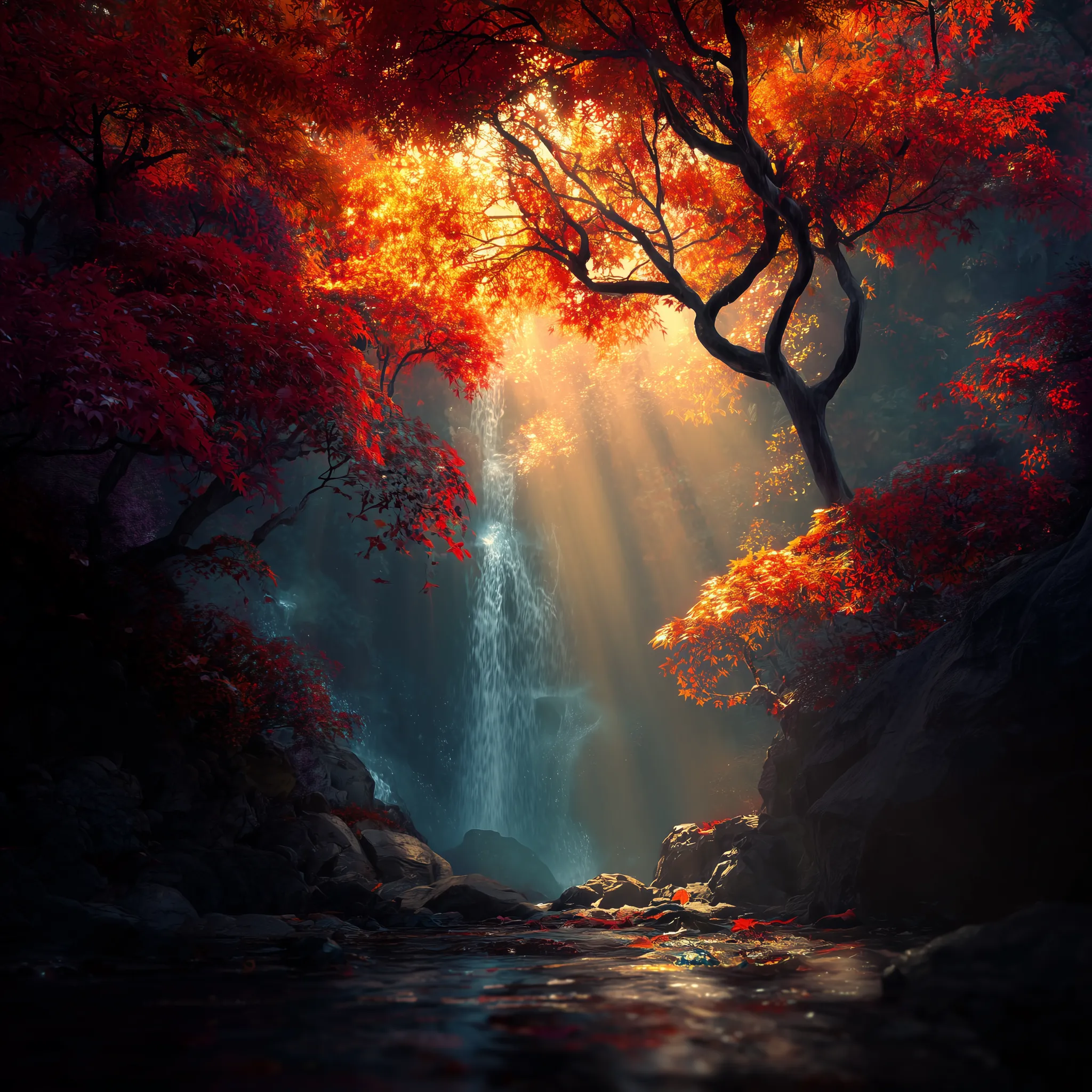 Sunlit Waterfall in Autumn Forest