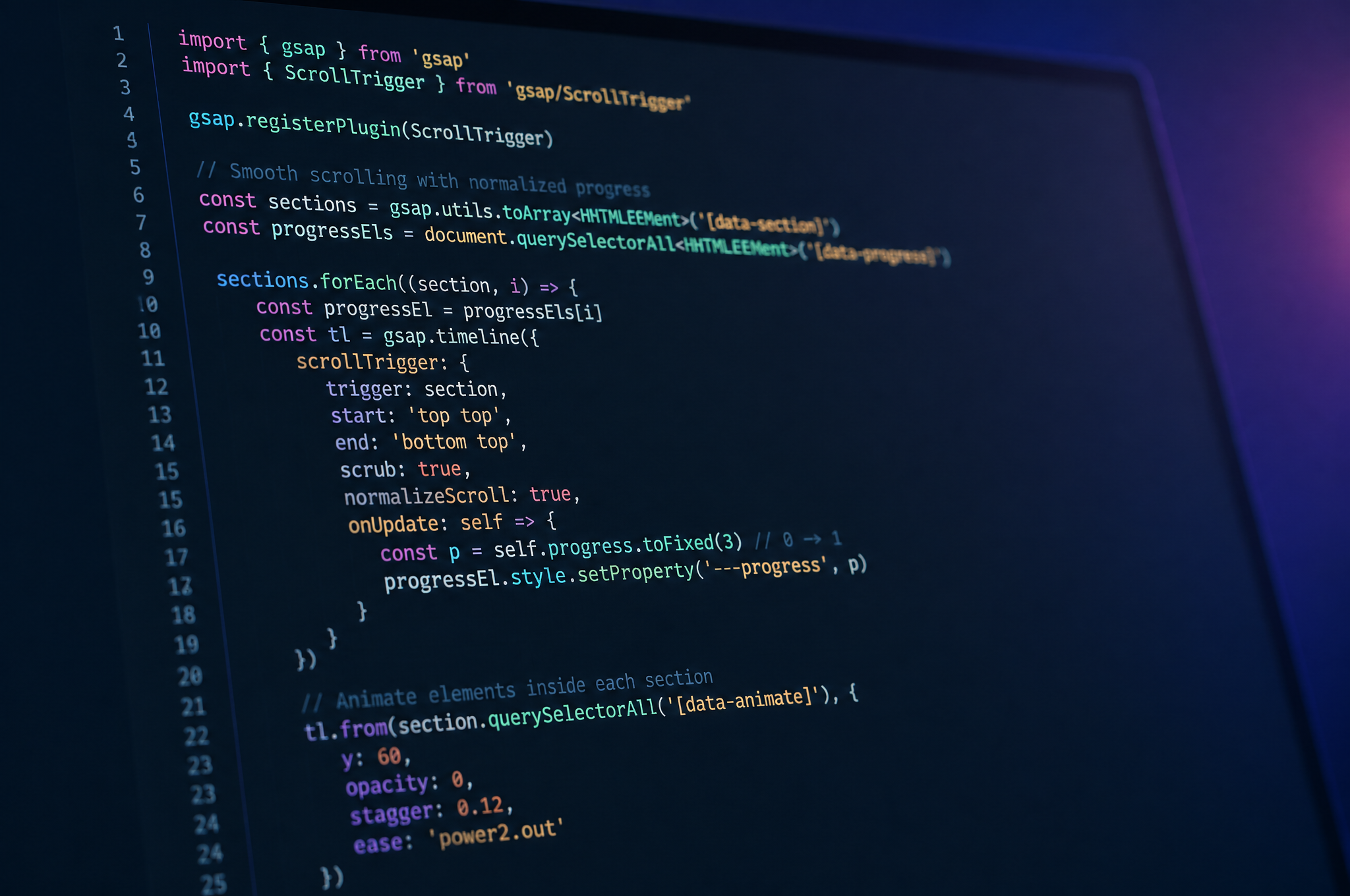 JavaScript GSAP Animation Code on Dark IDE