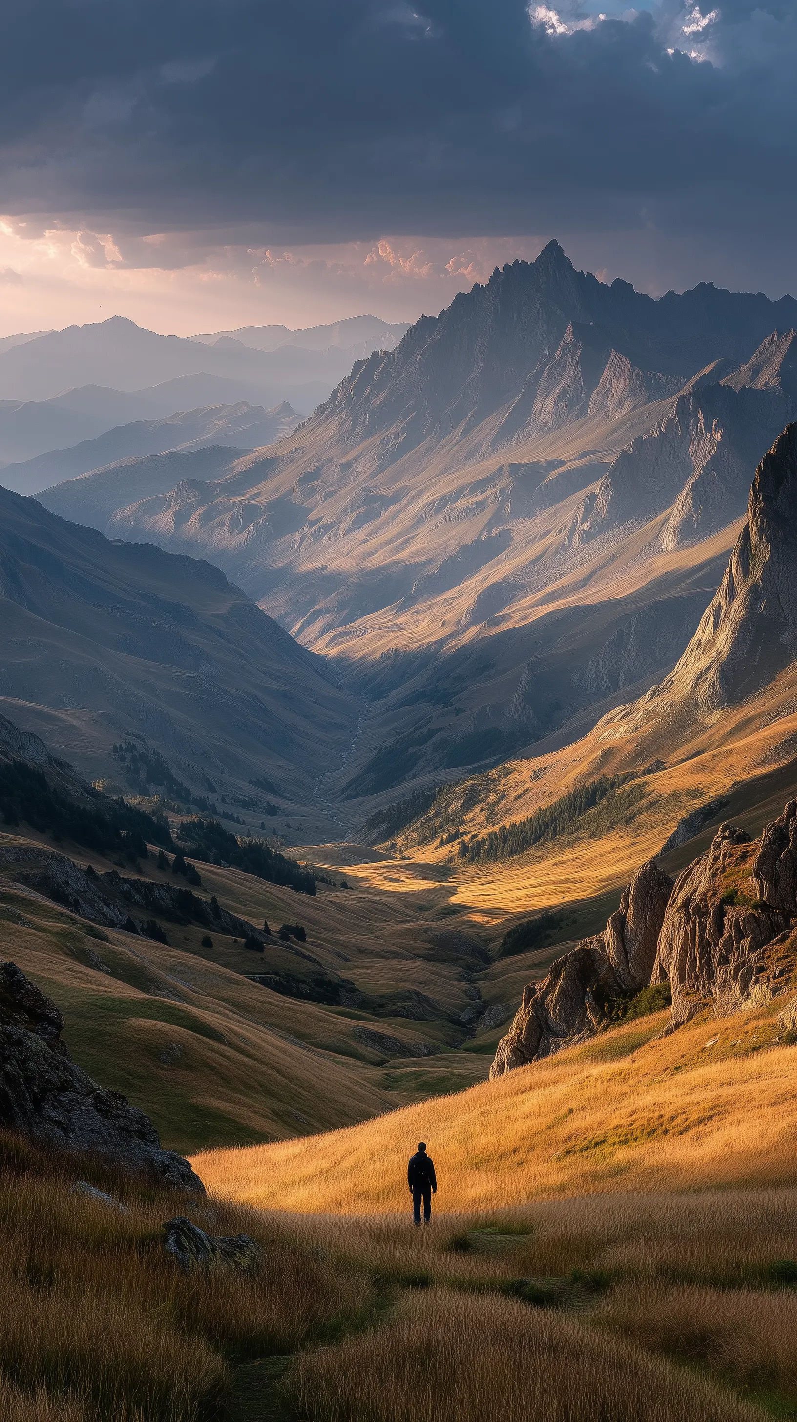 Hiker Overlooking a Golden Mountain Valley