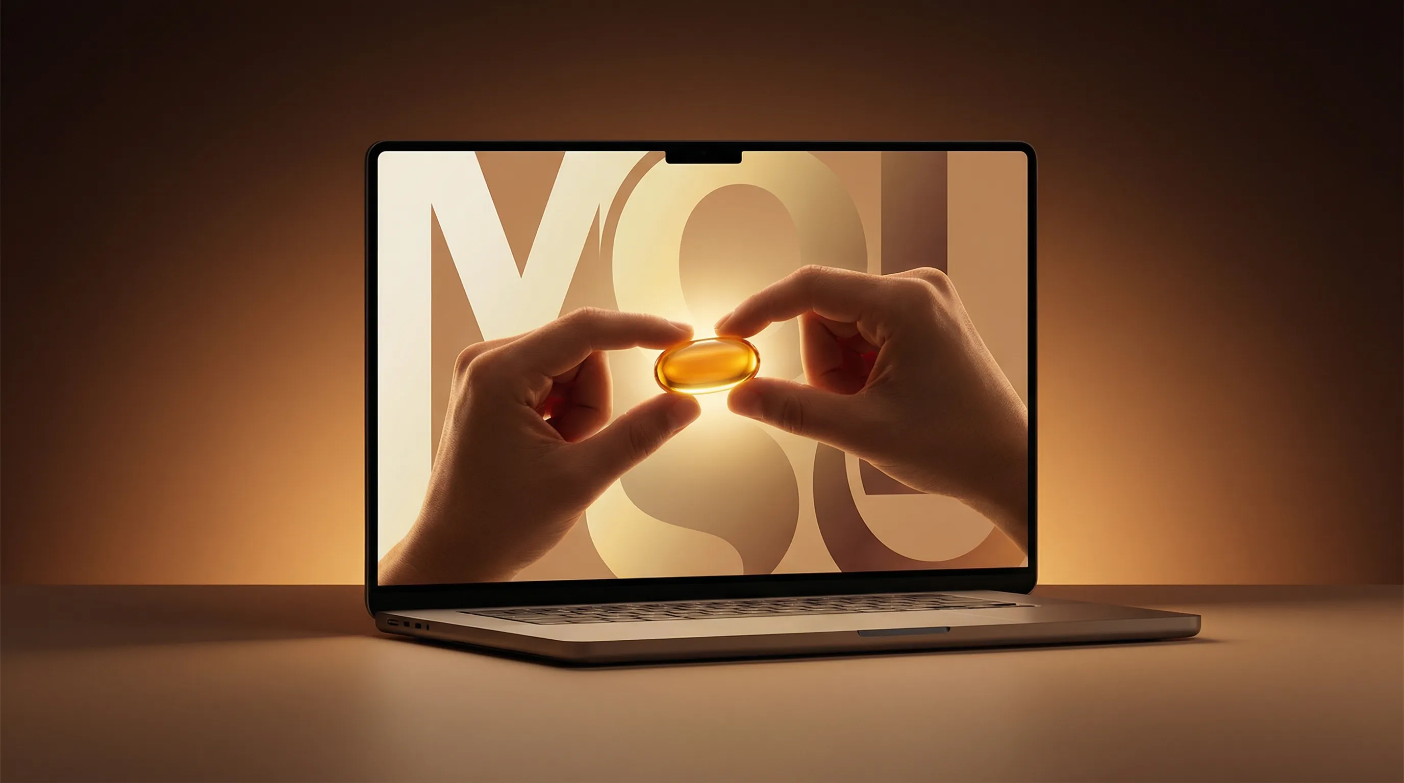Hands Holding Golden Capsule on Laptop Screen