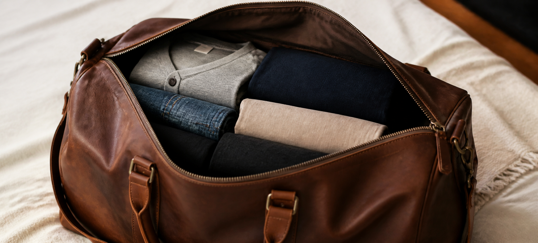 Open leather weekender bag packed with folded clothing