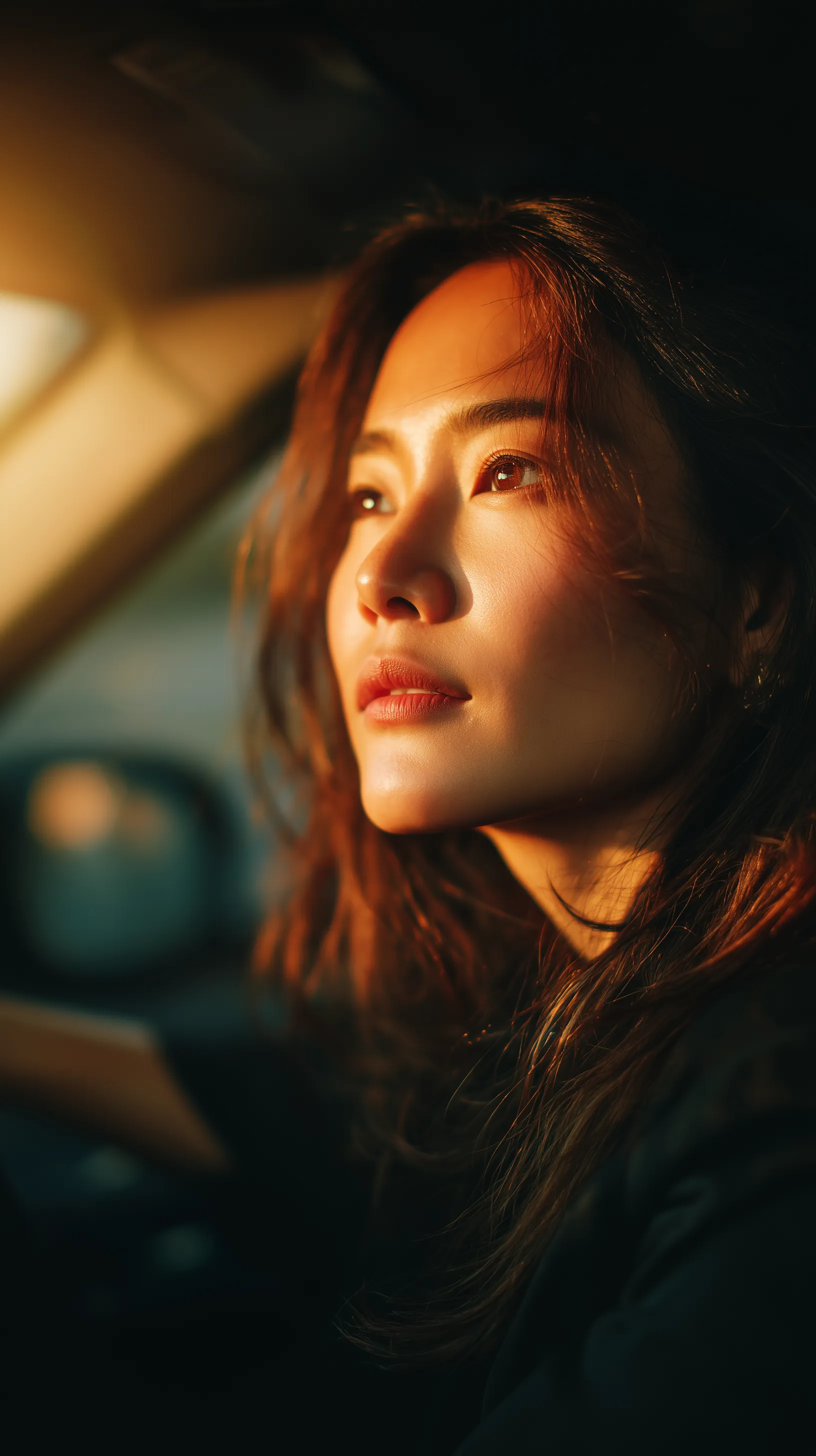 Woman in warm sunset light in car