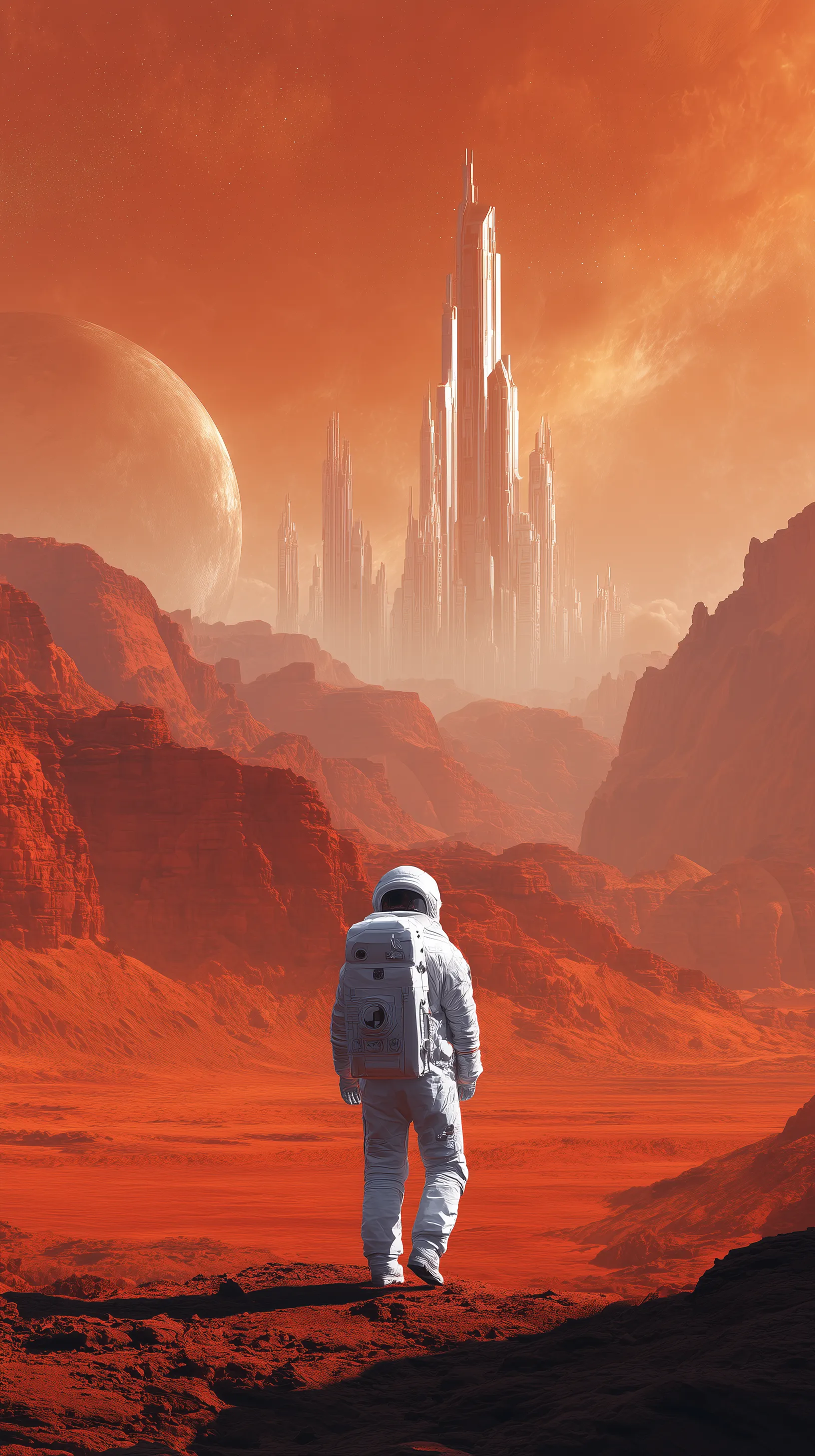 Astronaut Facing Futuristic Martian City