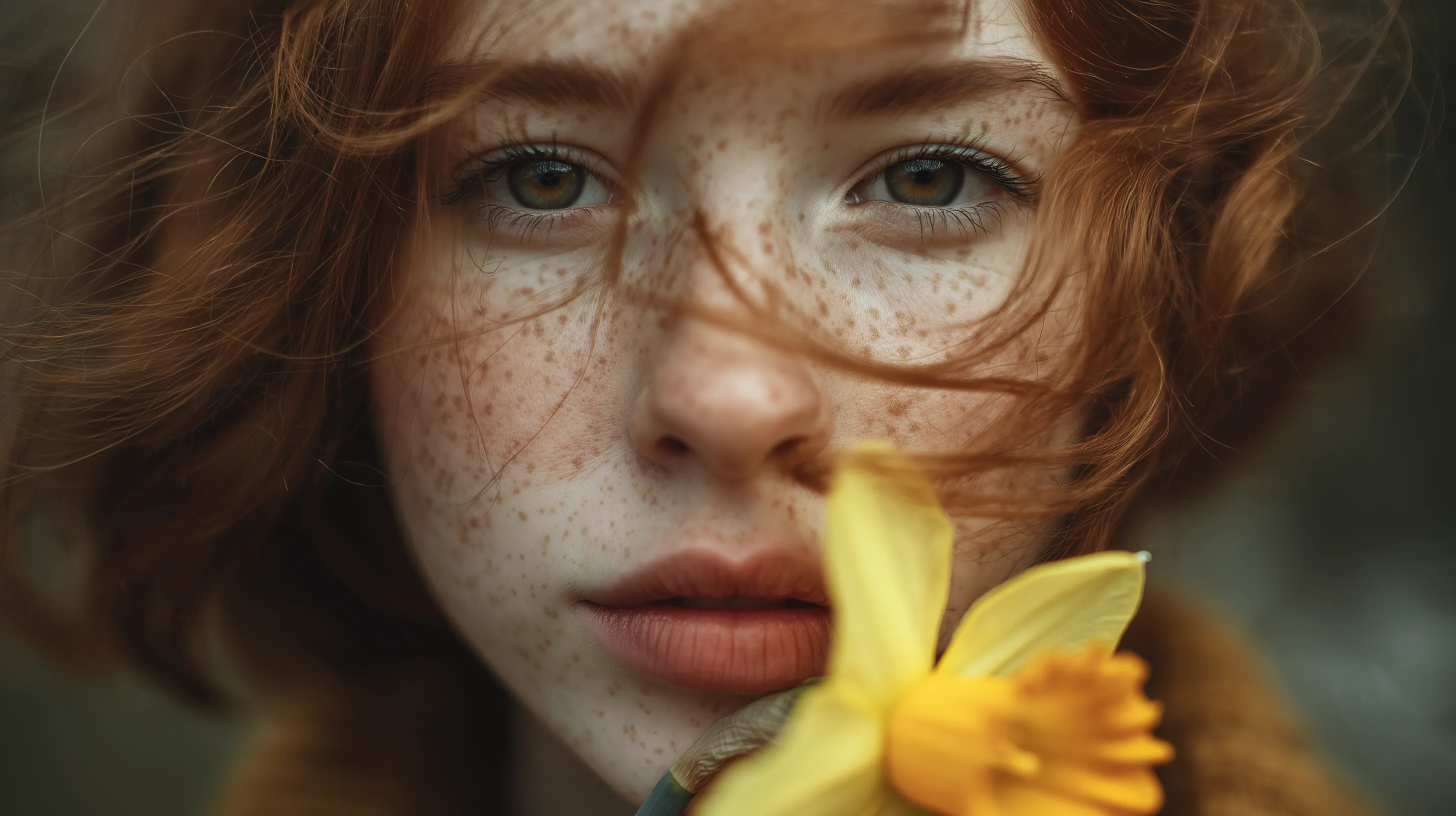Freckled Redhead Portrait with Daffodil