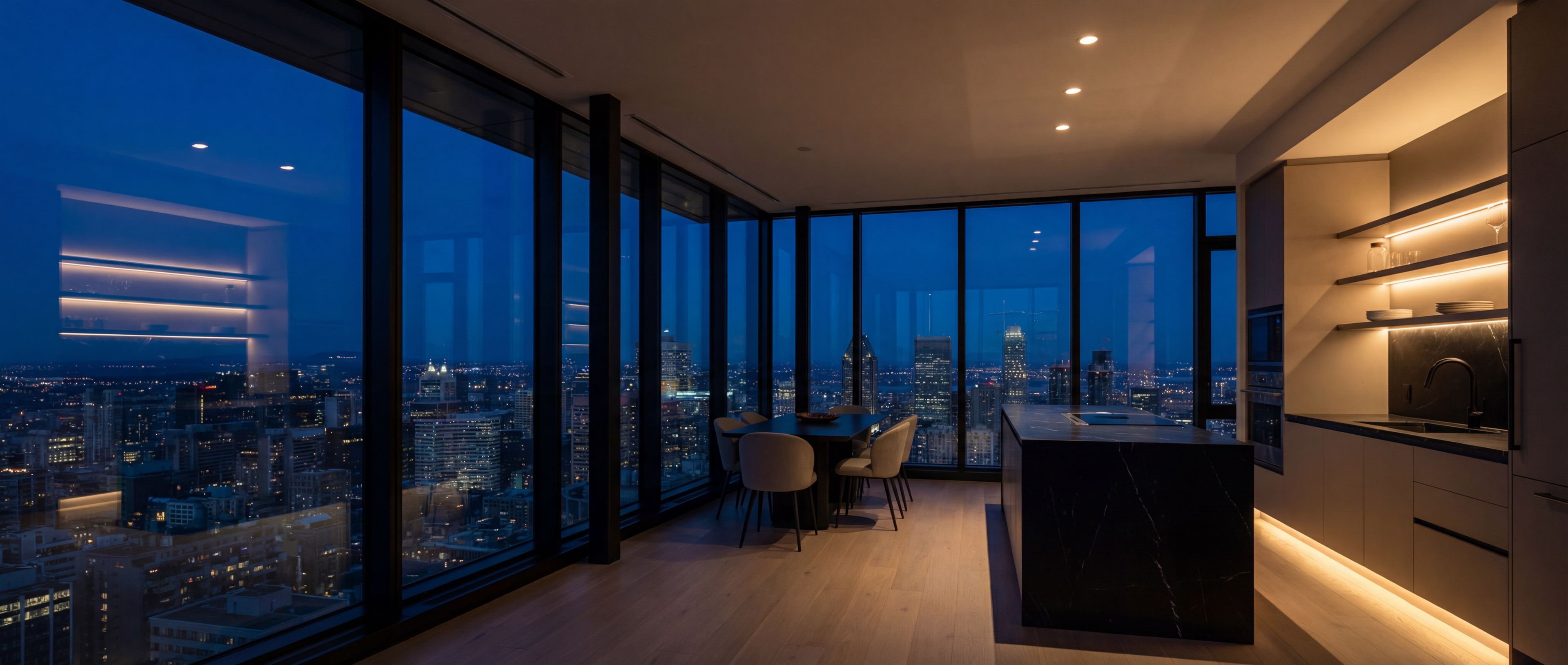 Luxury high-rise kitchen with city night view