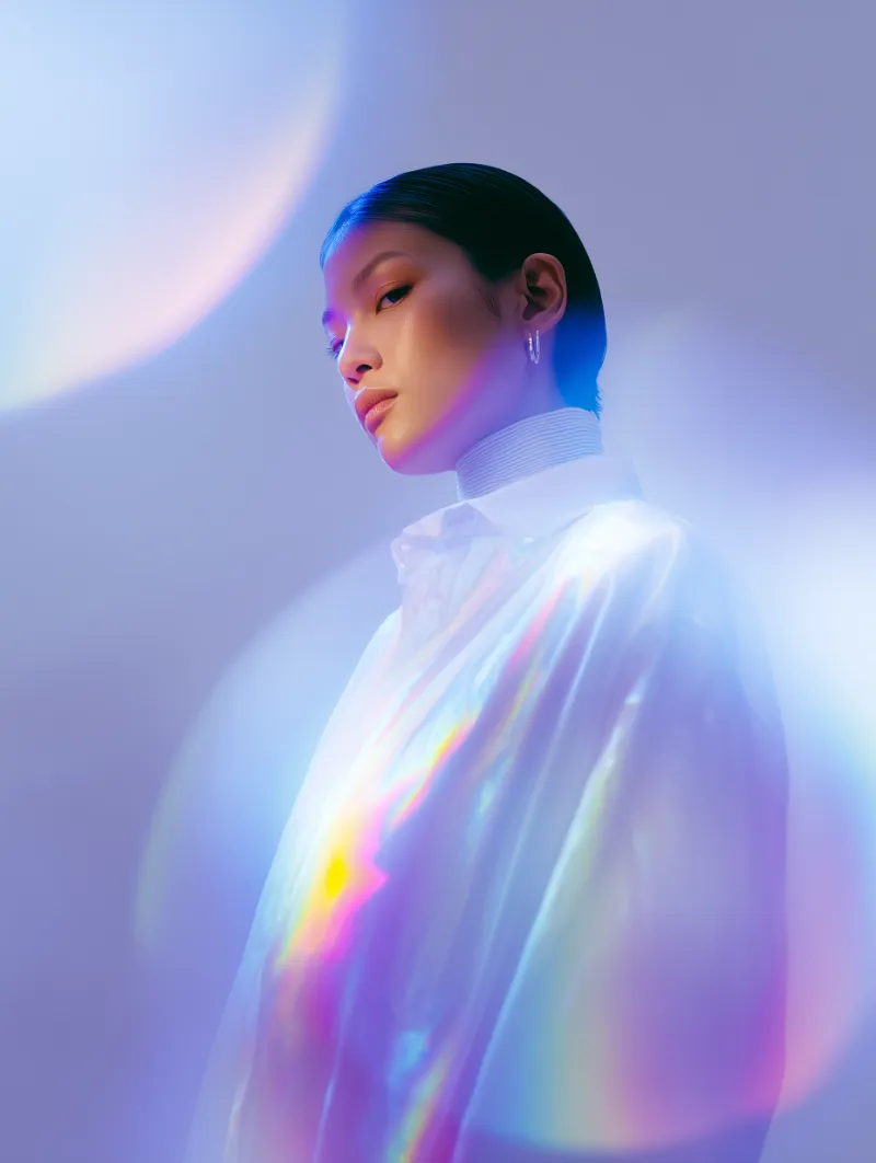 Iridescent portrait of woman in futuristic lighting