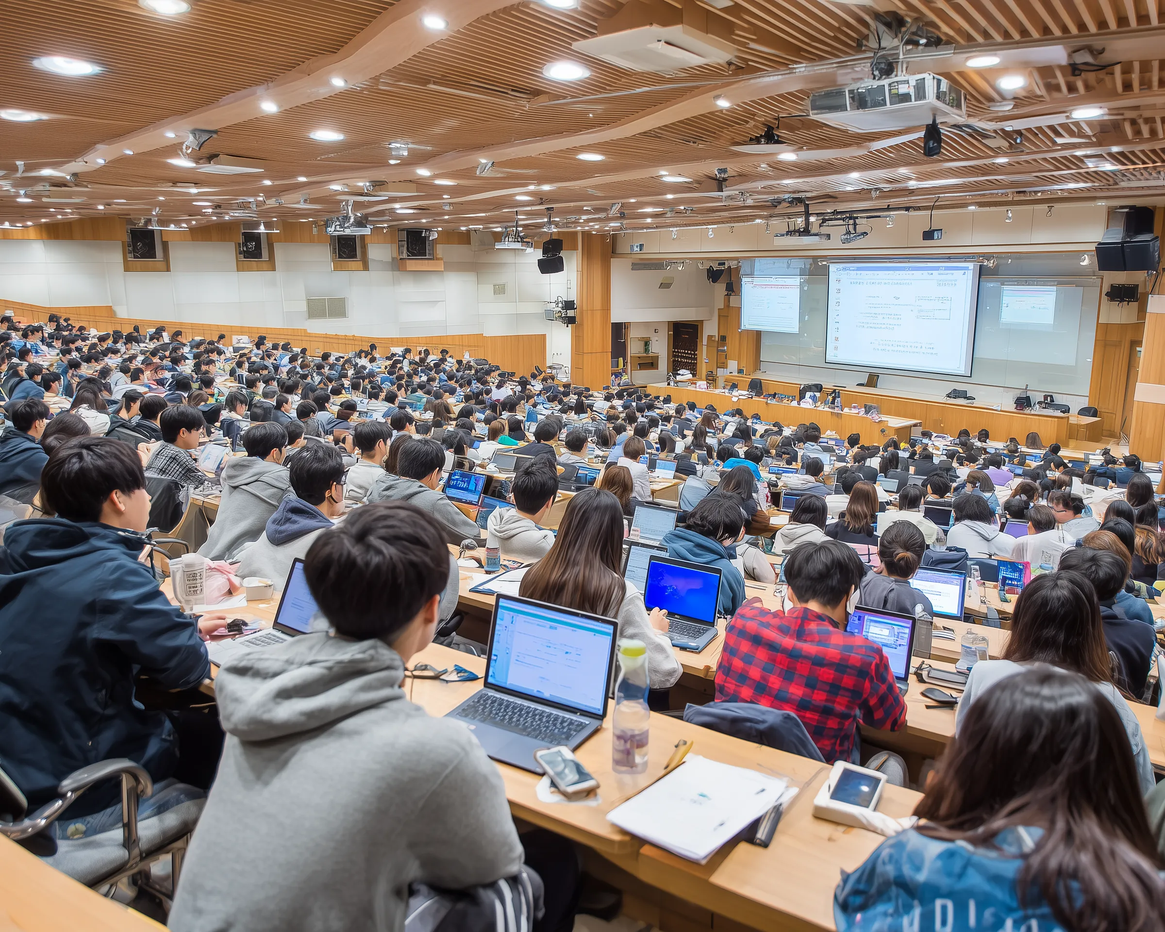 Crowded university lecture hall with students