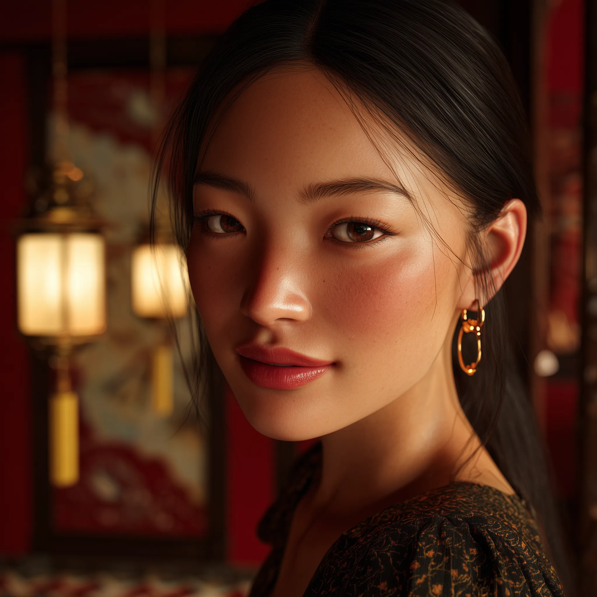 Warm portrait of woman with golden earrings