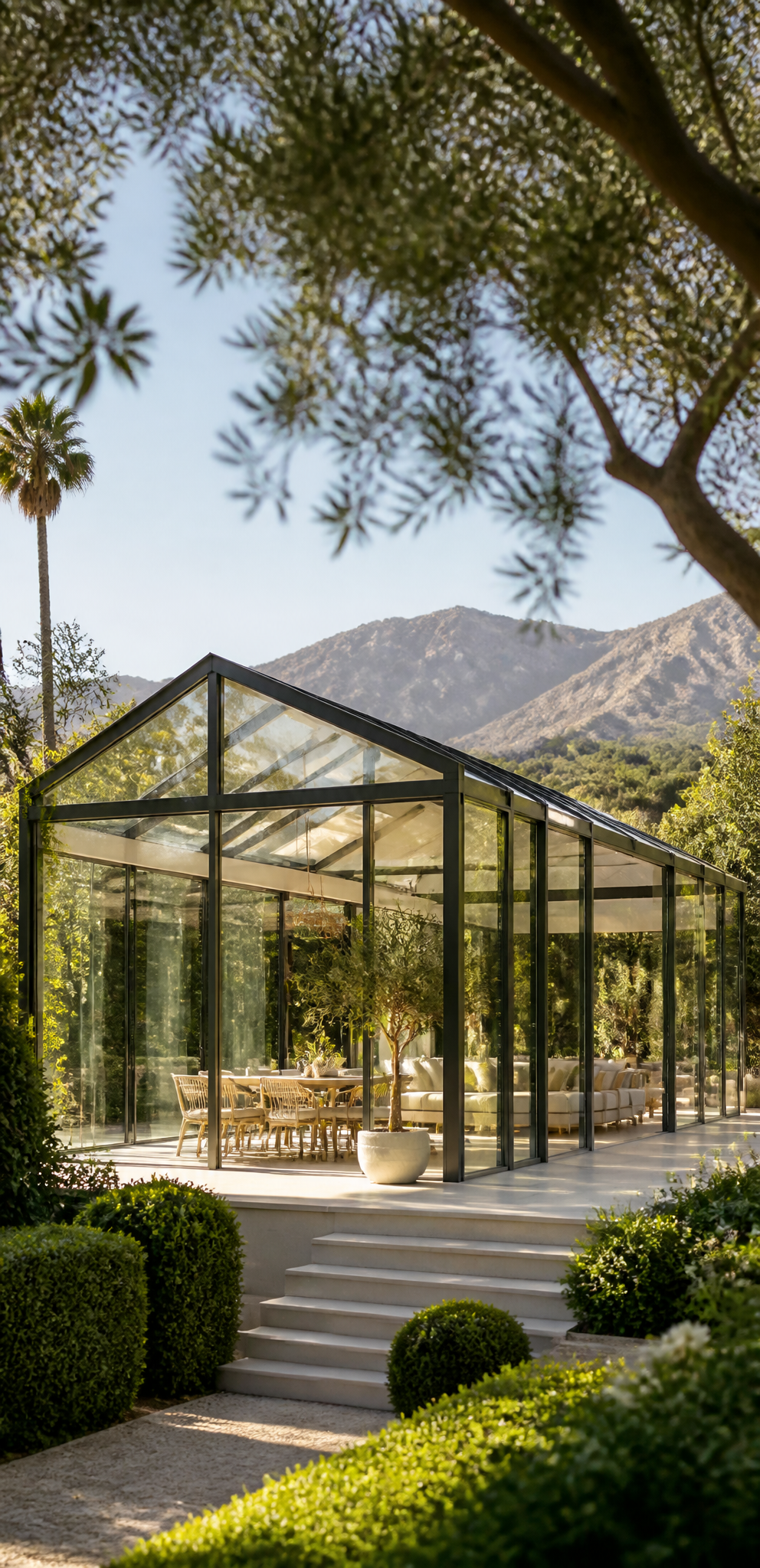Modern Glass Sunroom in a Lush Garden Setting