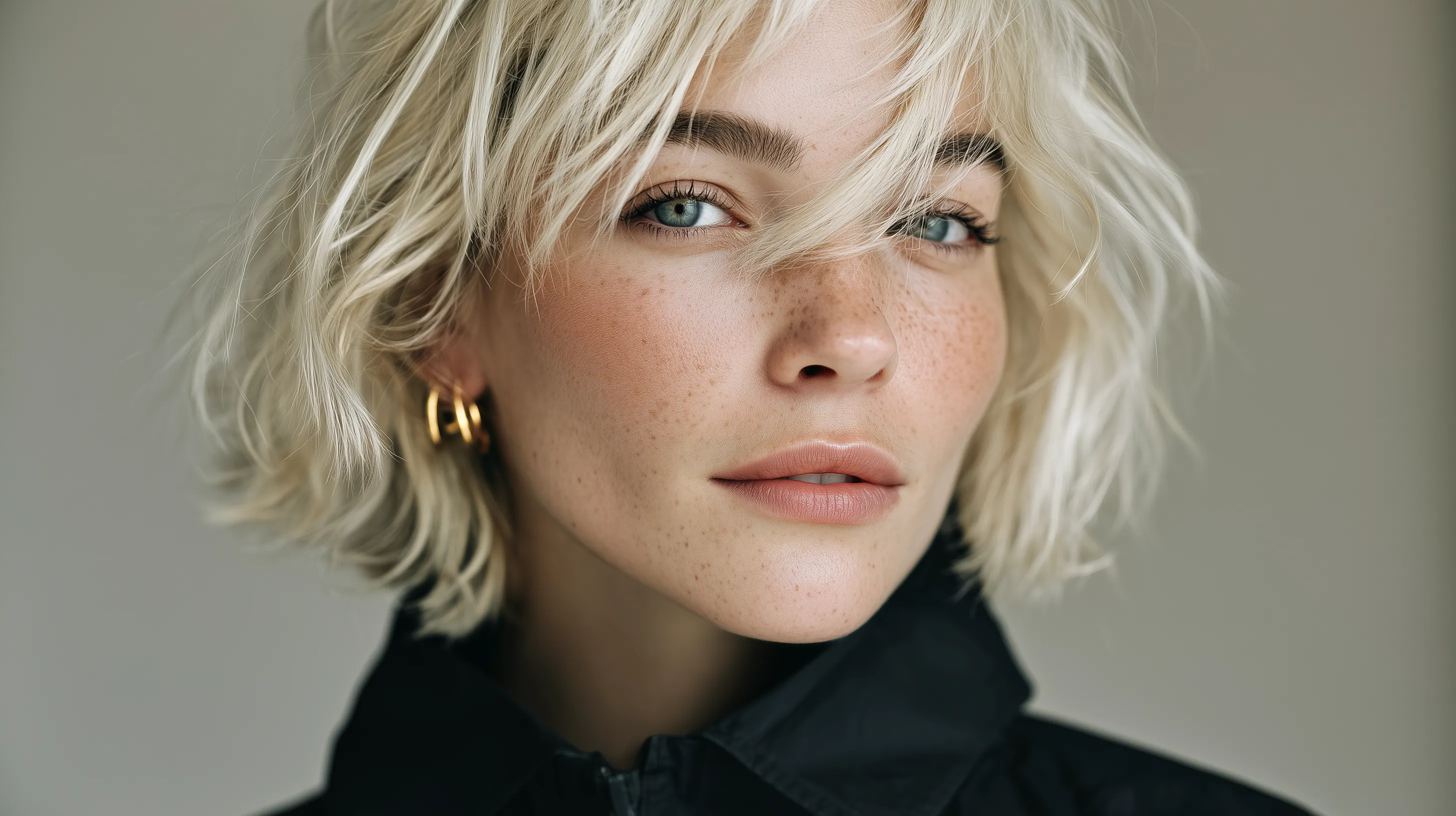 Close-up Portrait of a Woman with Blonde Bob and Freckles