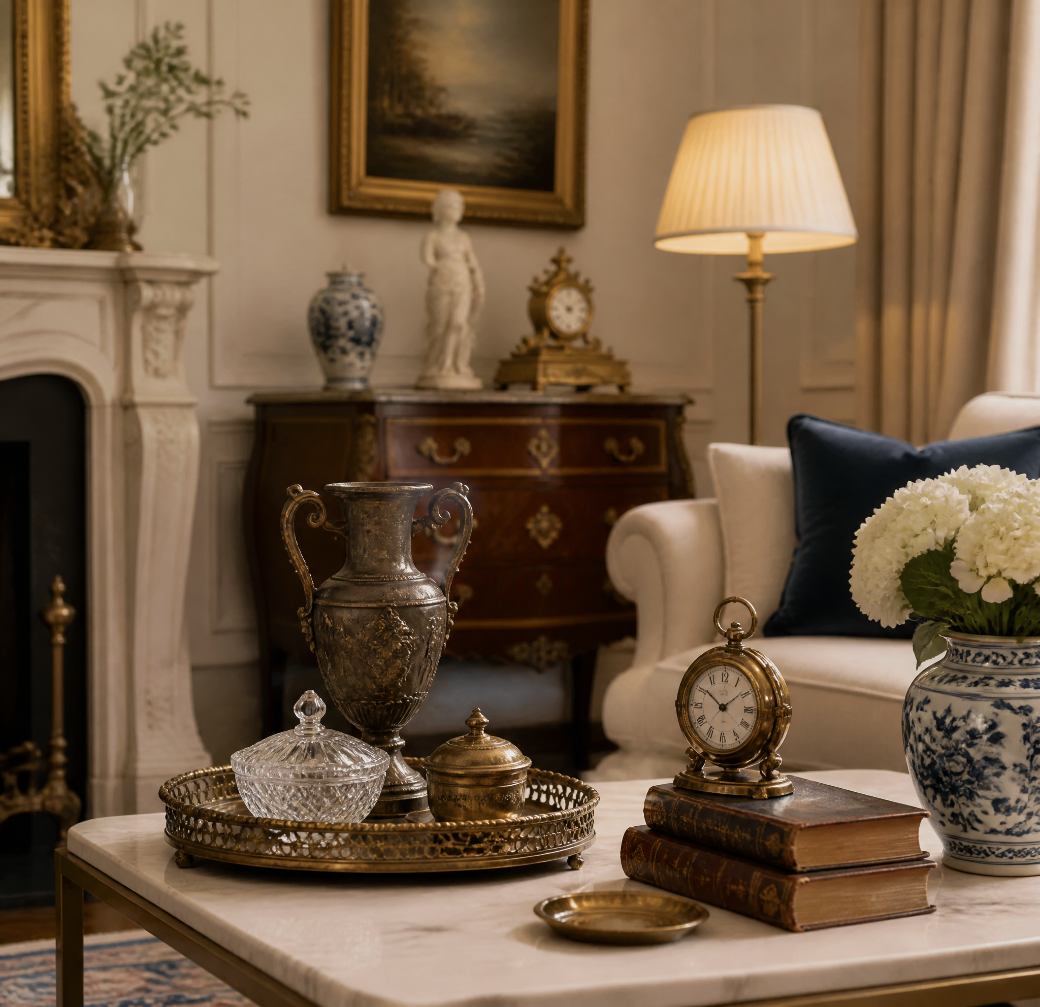 Refined antique décor pieces in luxury living room