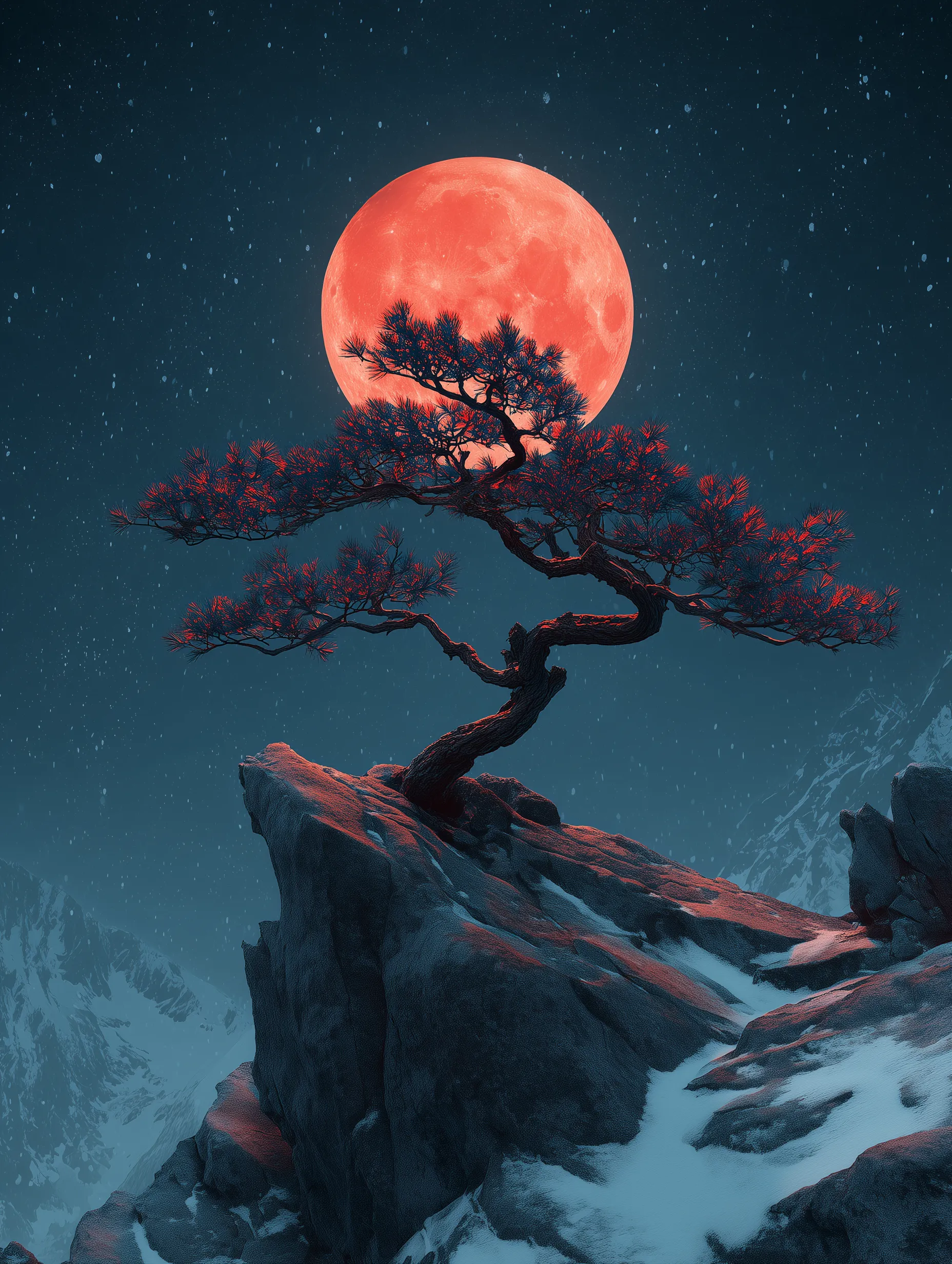 Red Moon Over Windswept Pine