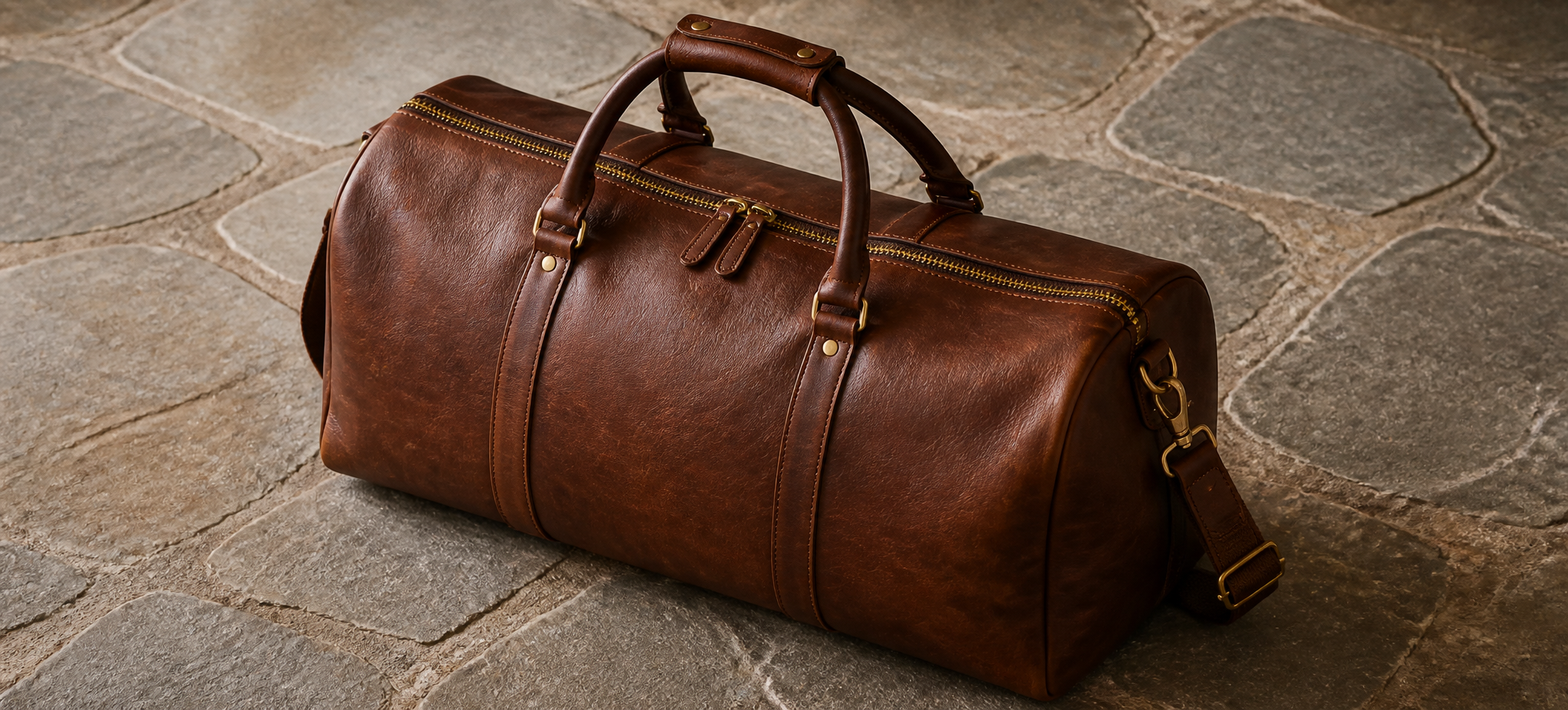 Brown leather holdall bag with brass zip on a stone floor