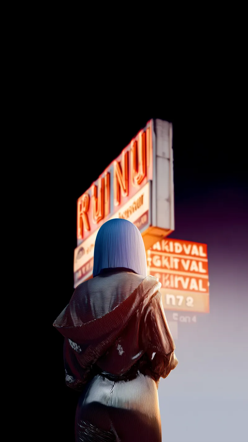 Cyberpunk figure facing neon cinema sign