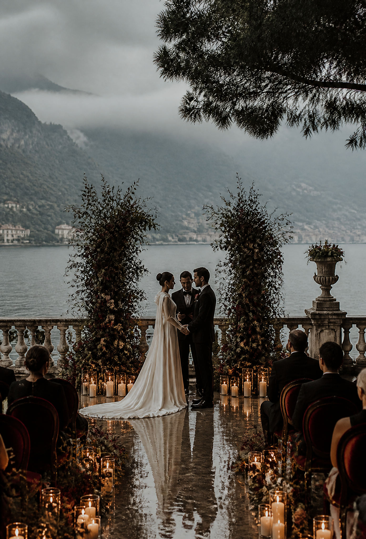 Elegant Lakeside Wedding Ceremony with Foggy Mountain View
