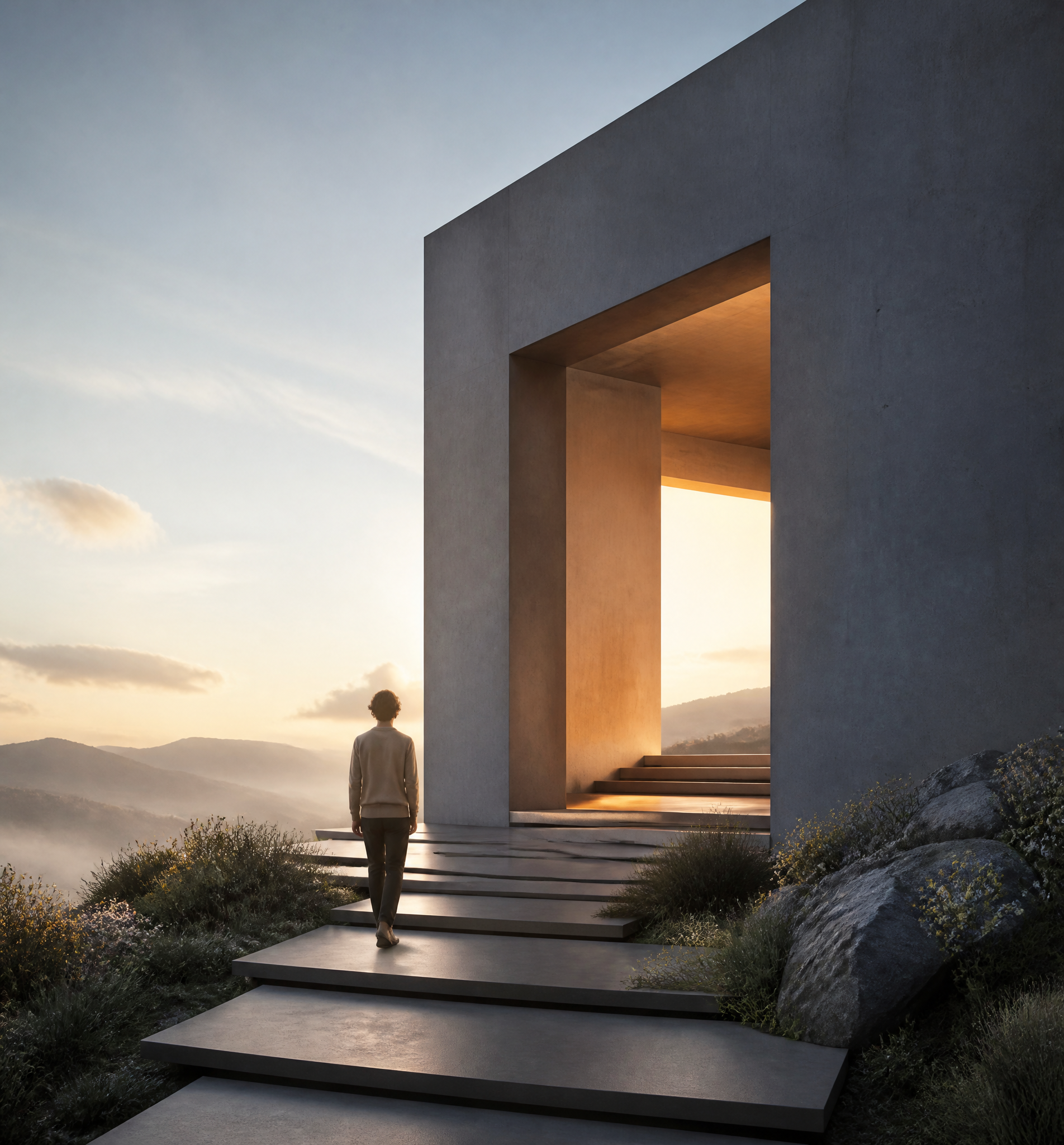 Minimalist Monolith Architecture at Sunset
