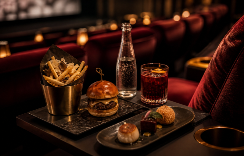 Gourmet dishes and cocktails served beside a velvet cinema recliner