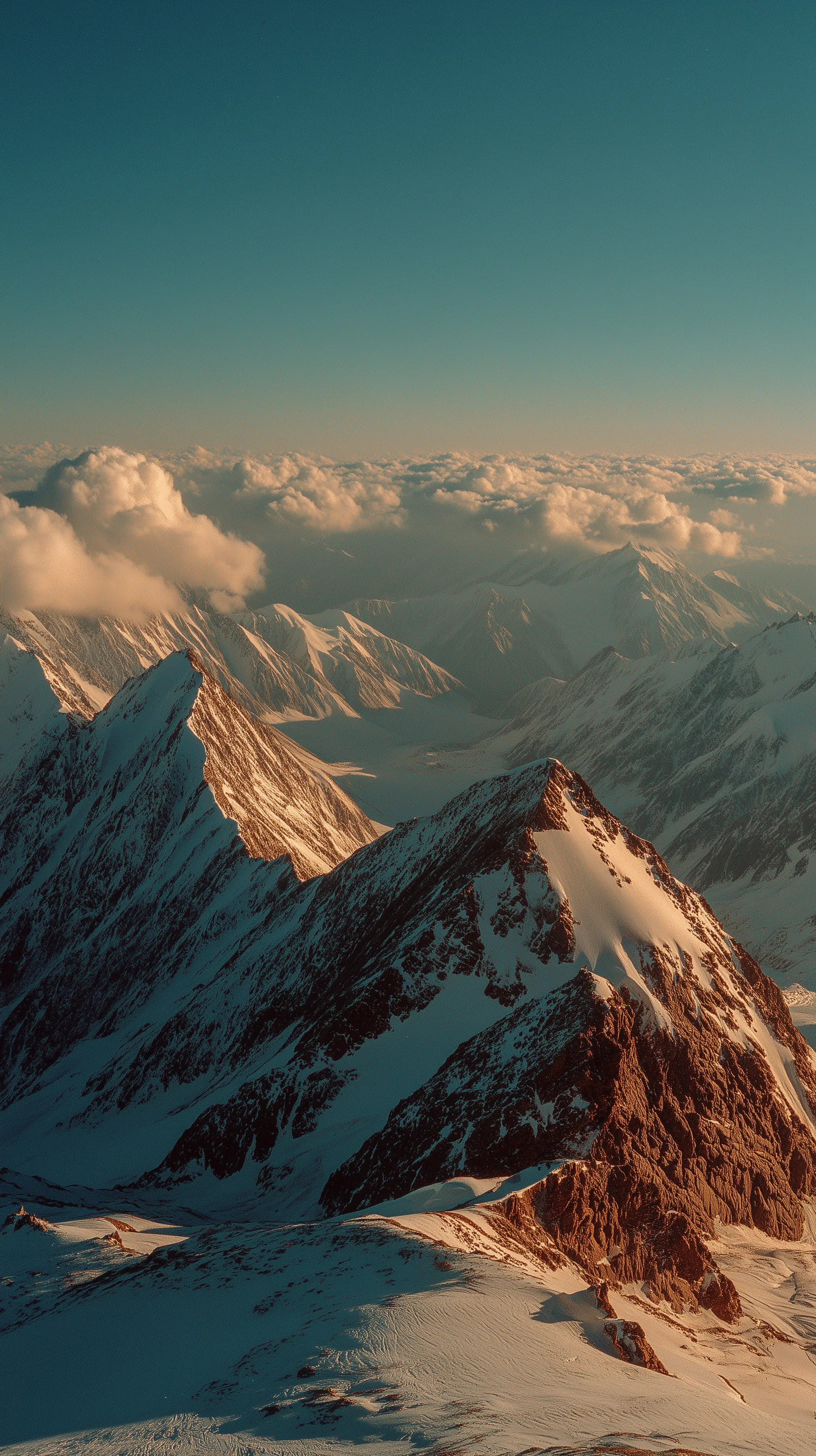 Sunlit snowy mountain peaks above clouds