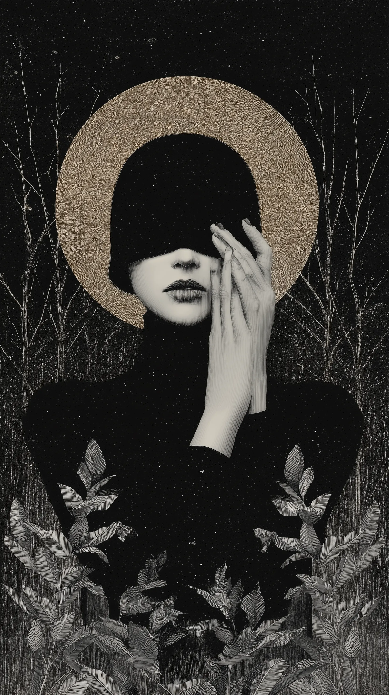 Surreal blindfolded figure with golden halo