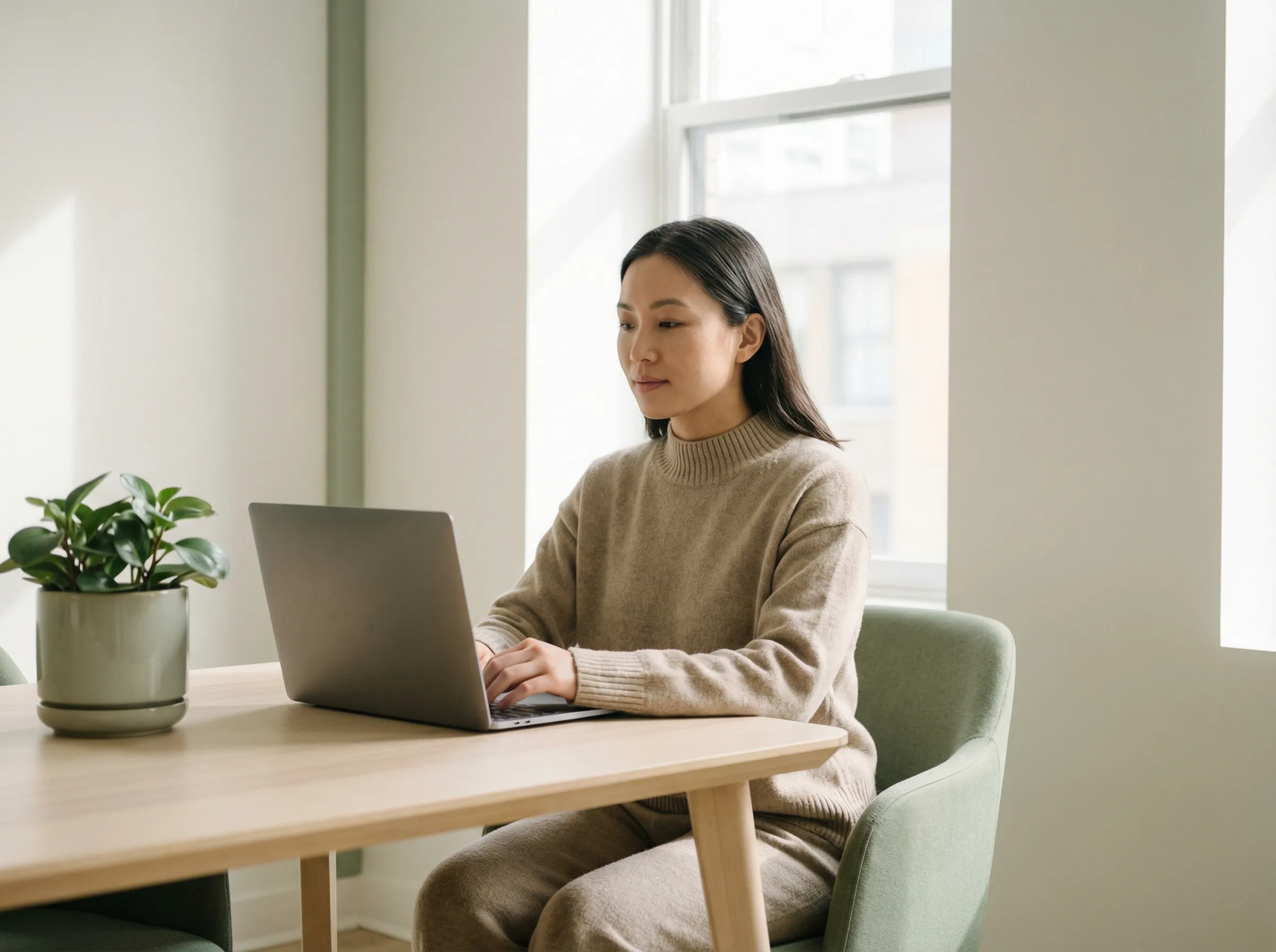 Woman working on laptop in bright home office