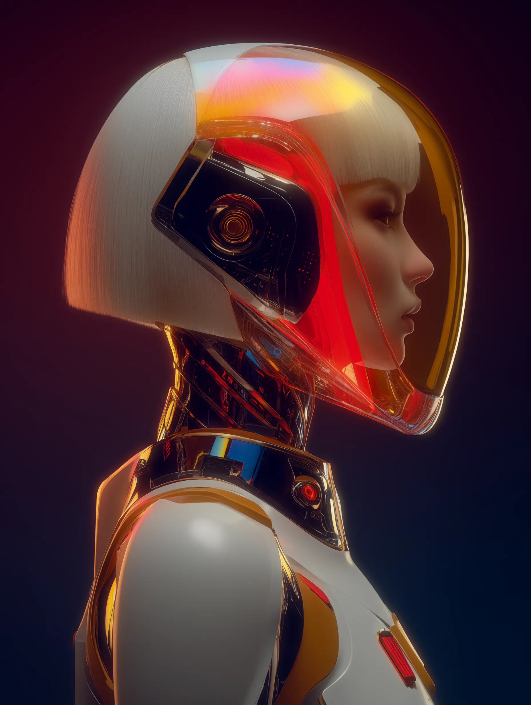 Futuristic female android in neon helmet