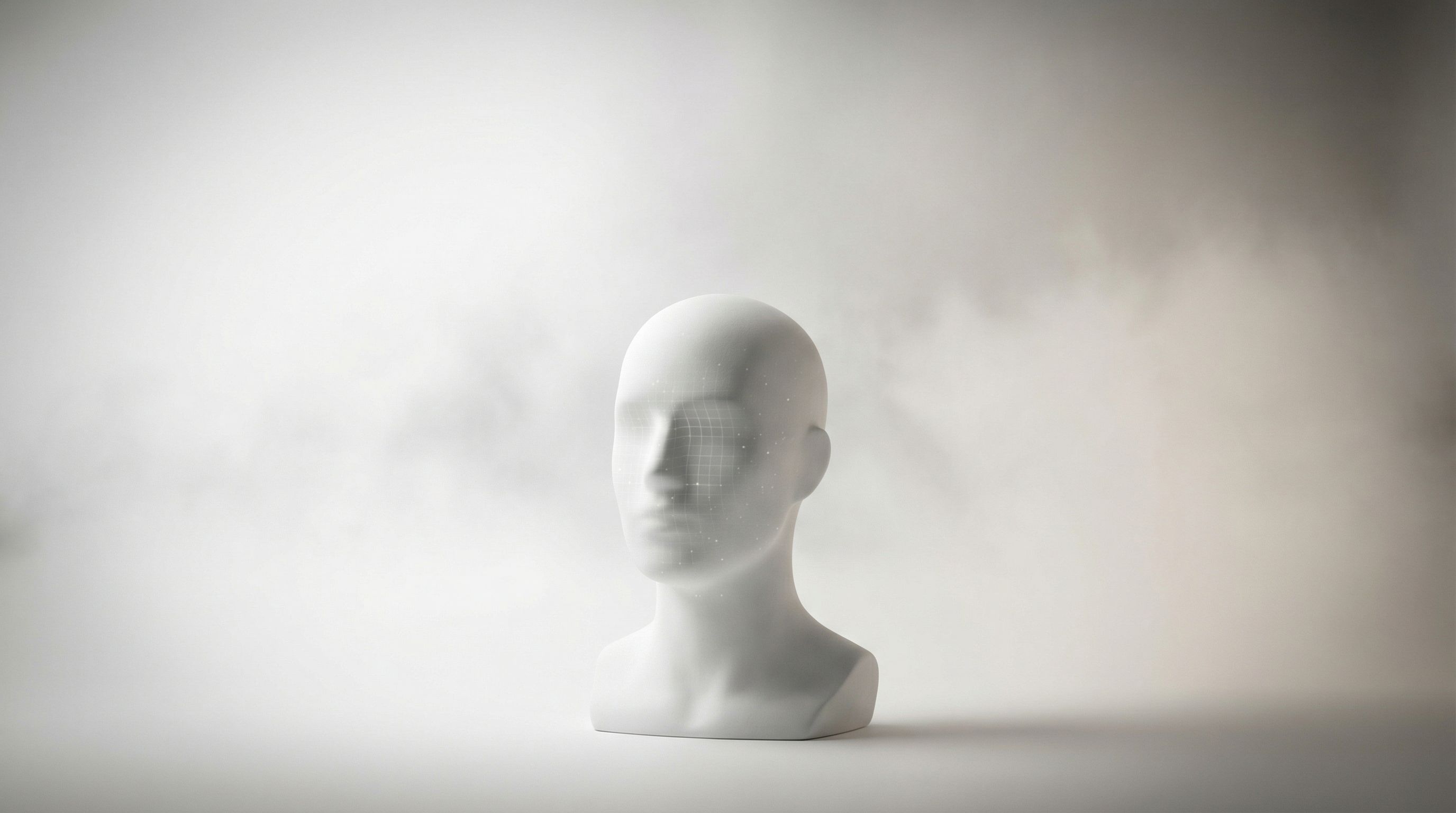 Minimalist AI Head in Soft Fog